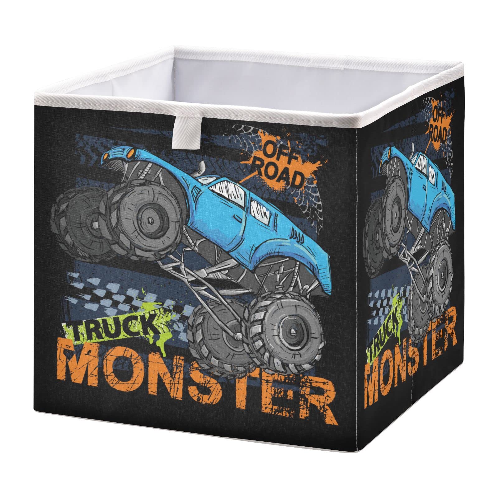 Ollabaky Monster Truck Blue Foldable Fabric Storage Cube Bin with Handle - Toy Organizer Box for Closet Shelves, Nursery, Kids Room & Playroom Storage - Perfect for Toys, Books & Clothes Organization