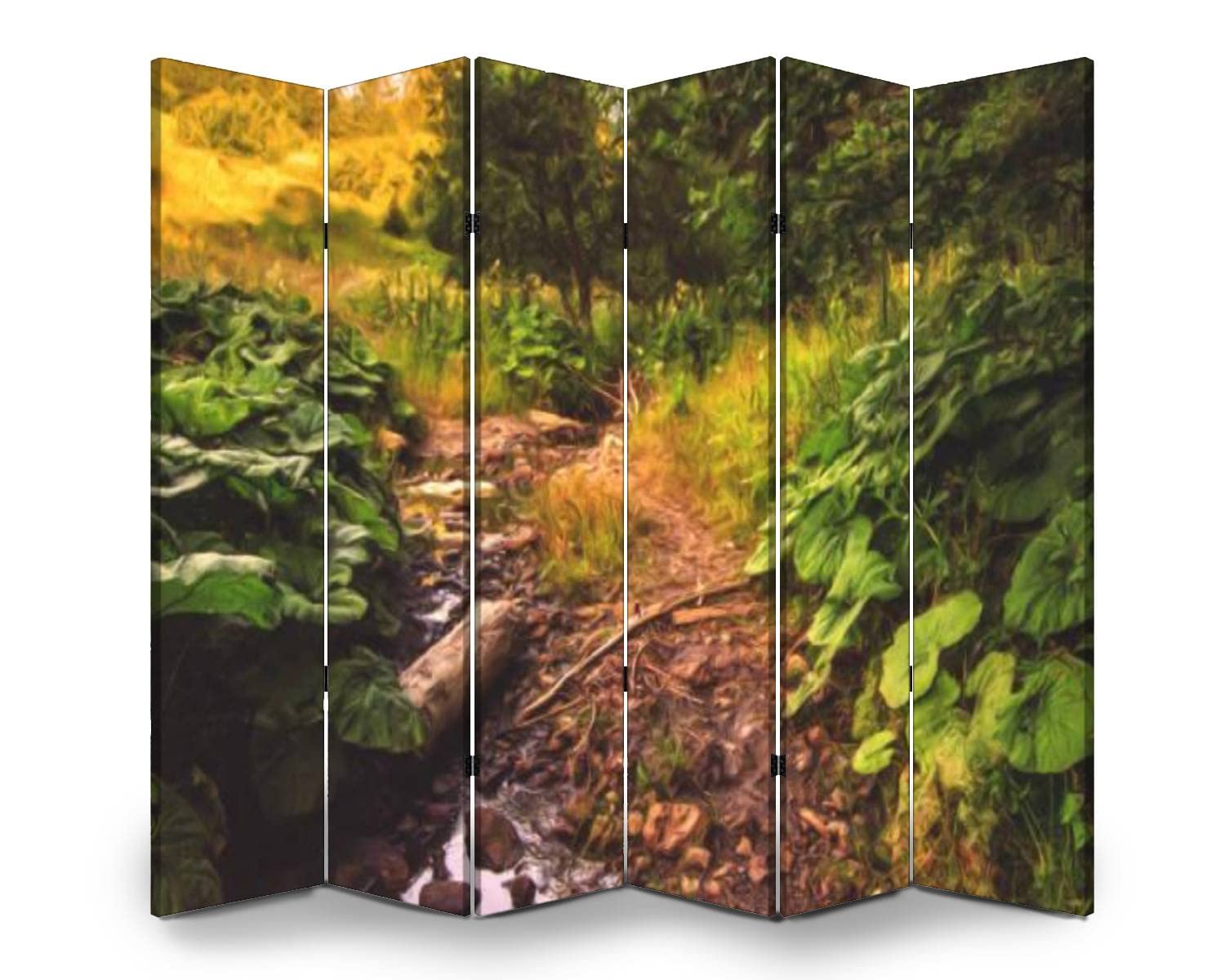 6-Panel Wooden Room Divider with Oil Landscape Painting - Forest Pathway Folding Privacy Screen, Dual-Sided Canvas Partition for Home & Office Decor | Perfect for Living Rooms, Bedrooms, and Studio Spaces