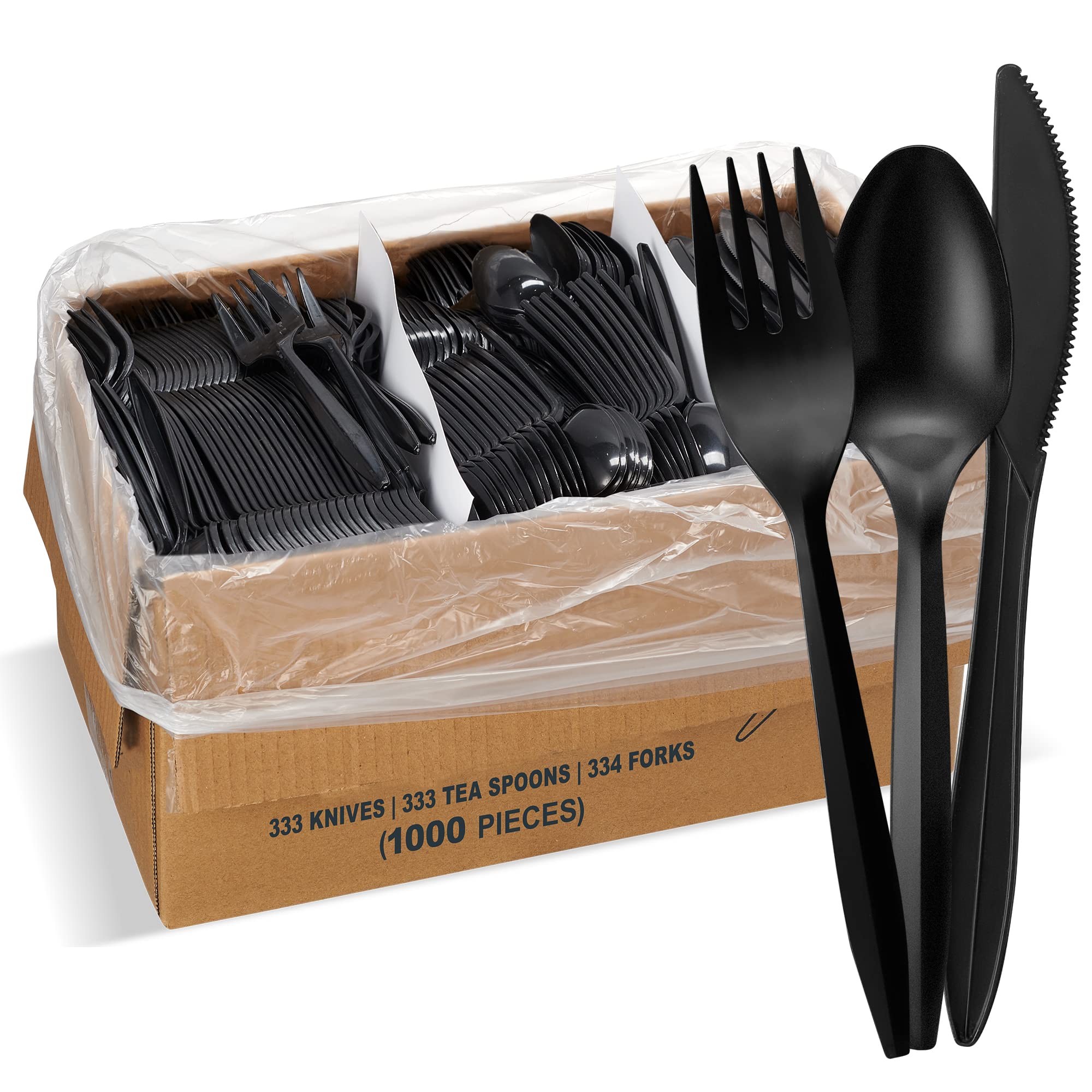 1000-Piece Black Disposable Plastic Cutlery Set - Heavy Duty Forks, Knives & Spoons (334 Forks, 333 Knives, 333 Spoons) - Bulk Silverware for Parties, Catering, Picnics & Events