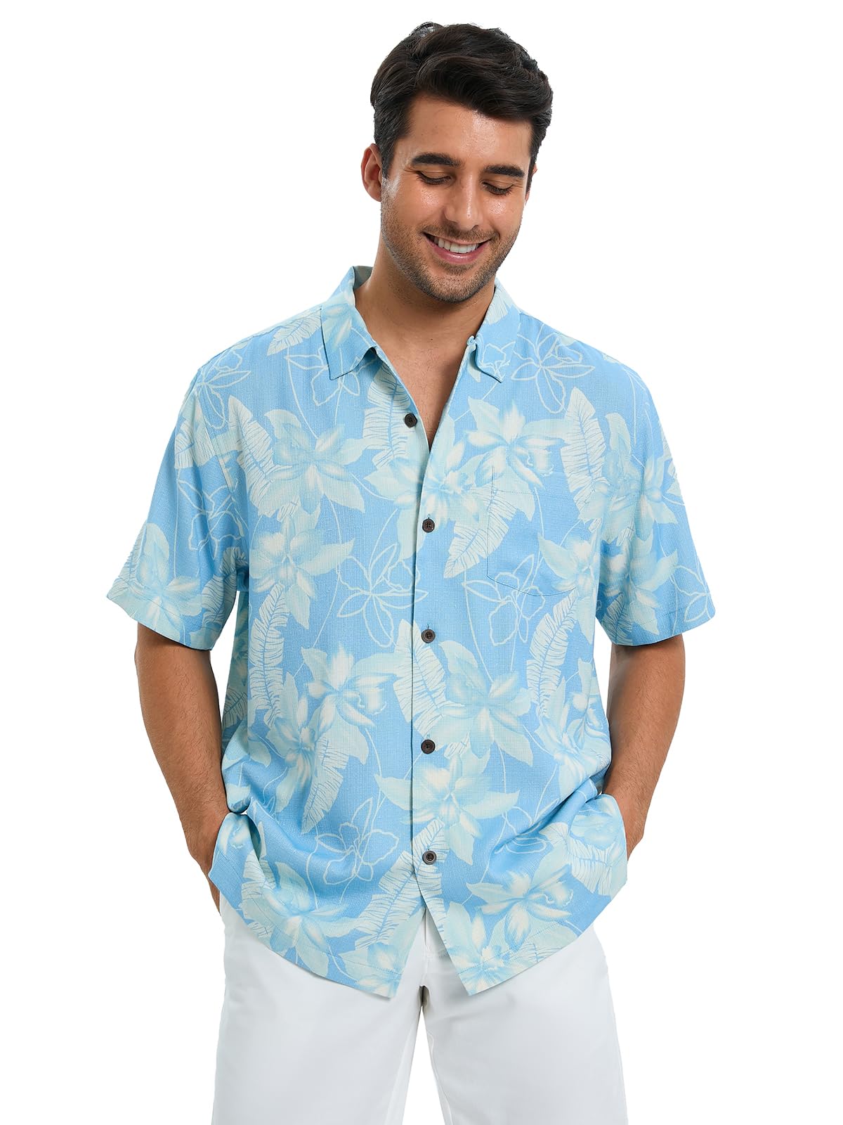 Men's Hawaiian Shirts - Silk & Cotton Blend Short Sleeve Button Down Tropical Print Camp Shirts for Beach Vacation, Summer Party & Casual Wear