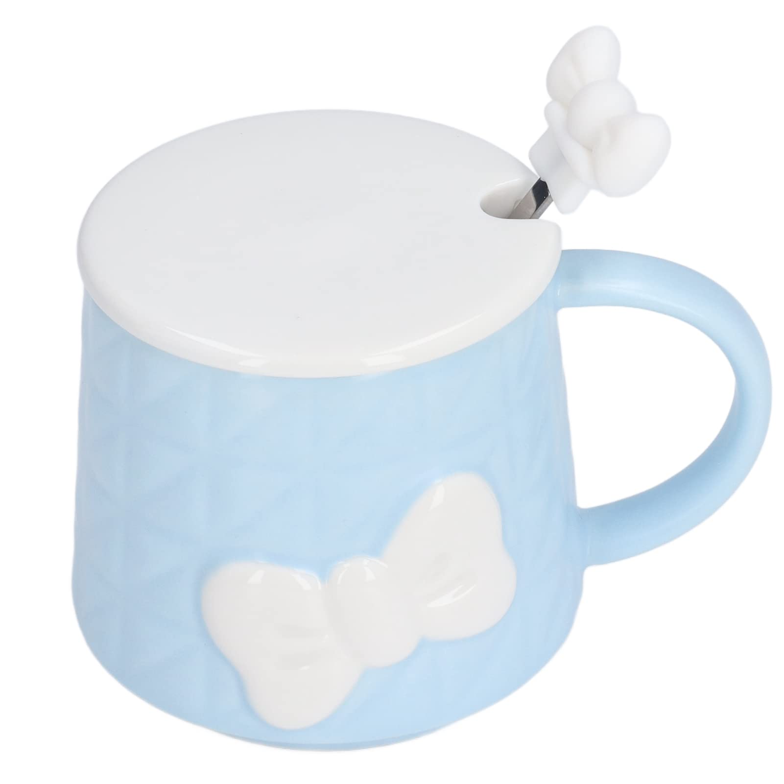 Ceramic Coffee Mug with Lid & Stainless Steel Spoon - 400ml Cute Bowknot Tea Cup for Coffee, Milk & Water - Home & Office Use (Blue)