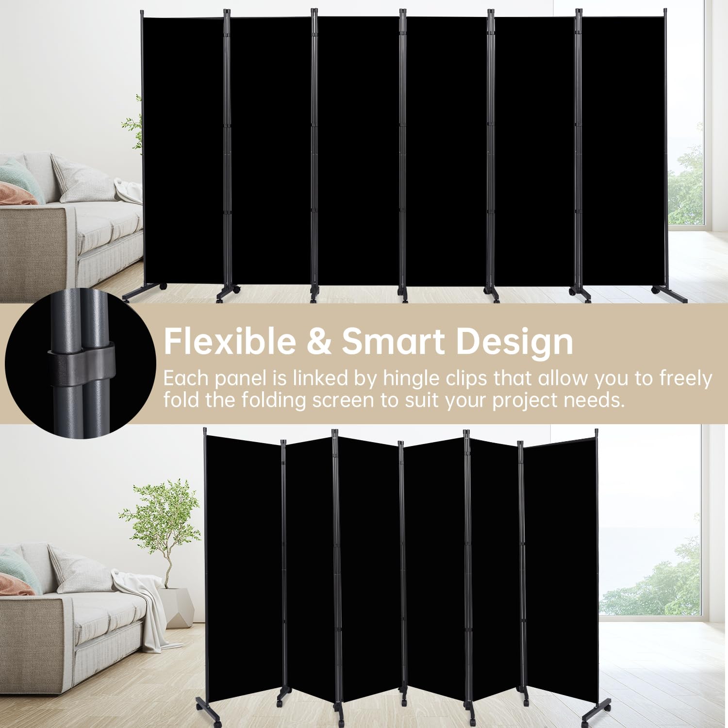 6 Panel Room Divider with Wheels - Portable Fabric Partition Screen for Office, Bedroom & Living Room - Privacy Room Separator for Home & Workspace | Perfect for Creating Private Spaces in Open Areas