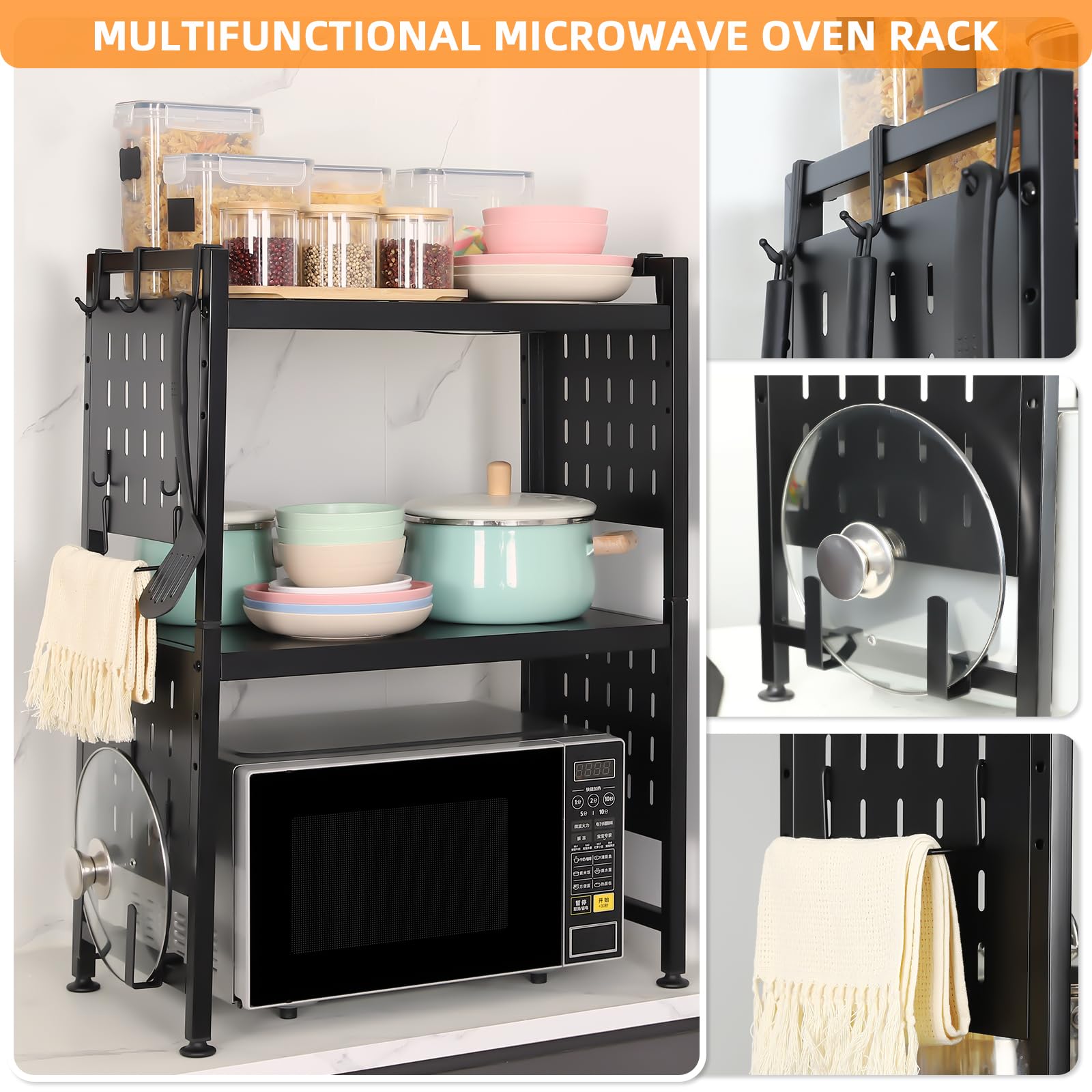 3-Tier Expandable Microwave Stand with 4 Hooks & Pot Lid Holder - Space Saving Kitchen Organizer for Countertops - Perfect for Small Kitchens, Dorms & RVs (Black)