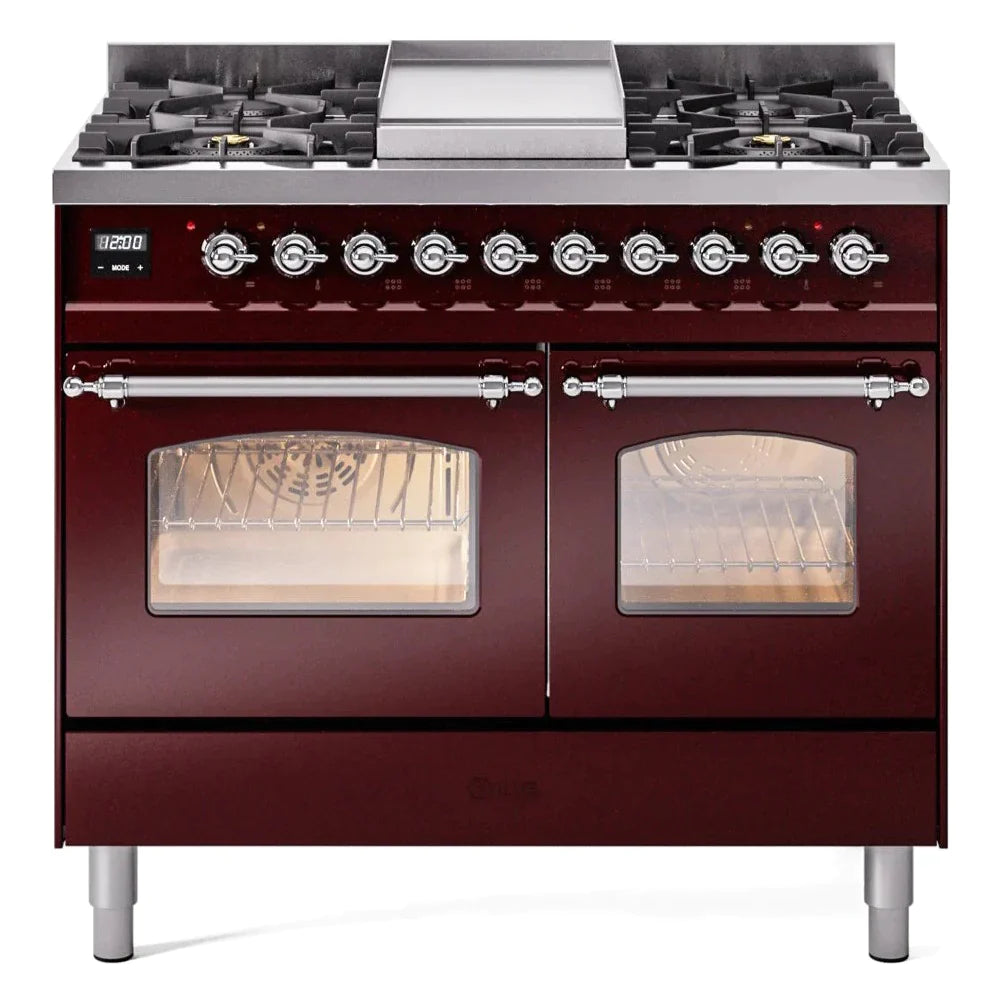 ILVE 40 Nostalgie II Series Freestanding Double Oven Dual Fuel Range - 6 Sealed Burners & Griddle - Professional Gas & Electric Range for Home Kitchen - Perfect for Baking, Roasting & Family Cooking (Model UPD40FNMP)