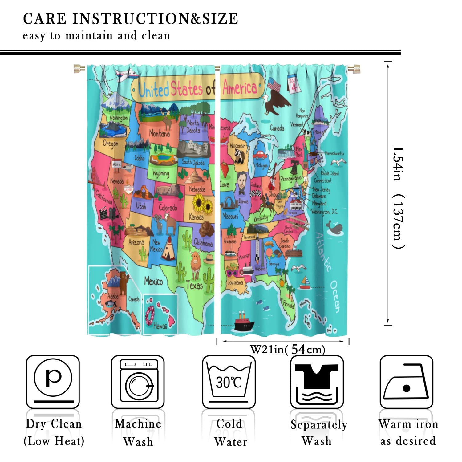 Kids USA Map Curtains - Fun Geography Educational Window Drapes for Boys & Girls Bedroom, Nursery, Living Room Decor - 2 Panel Set 42x54 Inches - Perfect for Learning American States & Home Schooling Decor