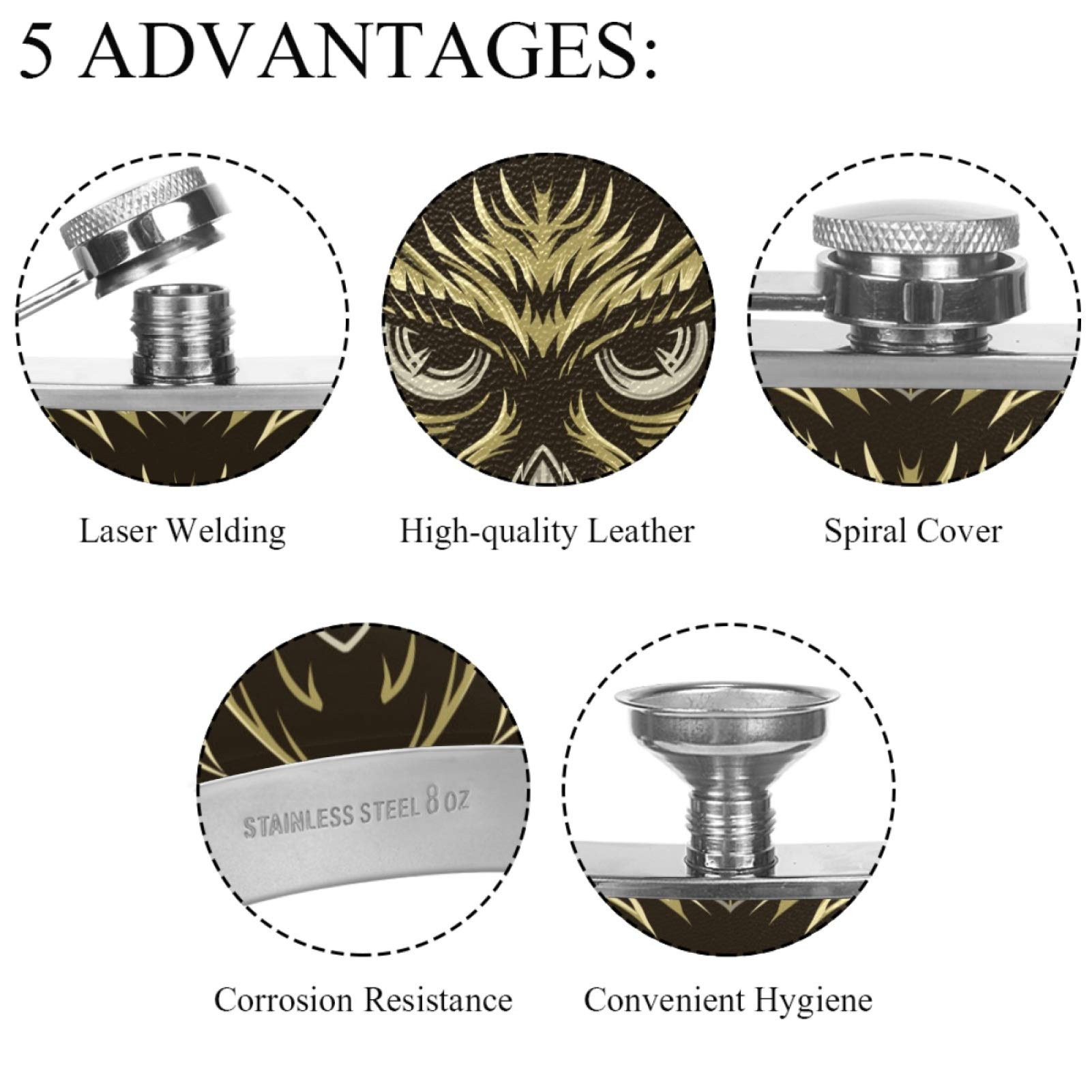 Premium Stainless Steel Custom Flask with Leather Cover for Men - 7.7oz Leakproof Liquor Flask with Gold Owl Badge & Funnel - Perfect for Outdoor Adventures, Gifts & Whiskey Enthusiasts