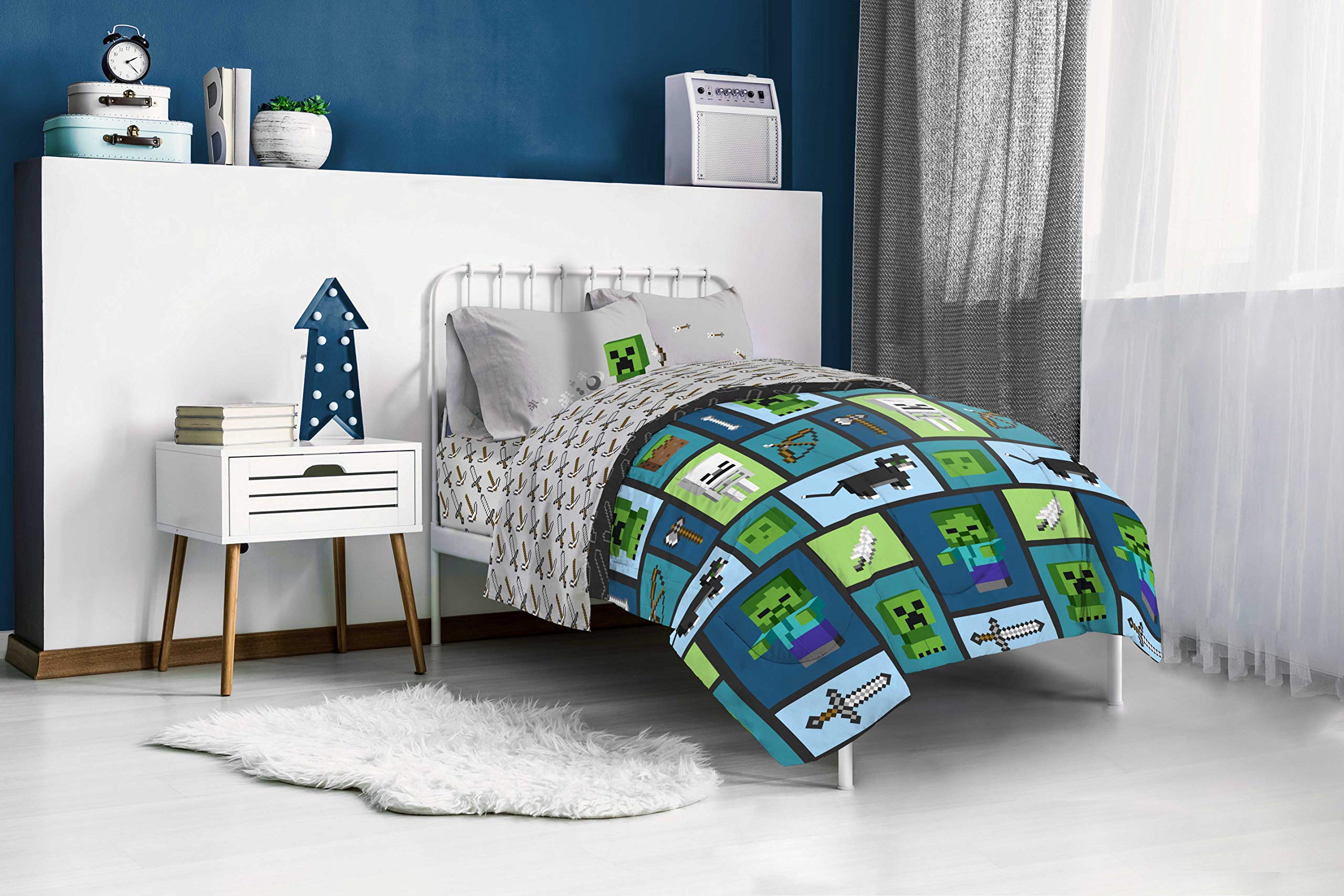 Jay Franco Minecraft Chibi College 4-Piece Twin Bed Set - Reversible Comforter & Sheet Set with Creeper & Ghost Design - Ultra Soft Fade-Resistant Microfiber Bedding for Kids & Teens - Perfect for Dorm Rooms, Sleepovers & Gaming Themed Bedrooms