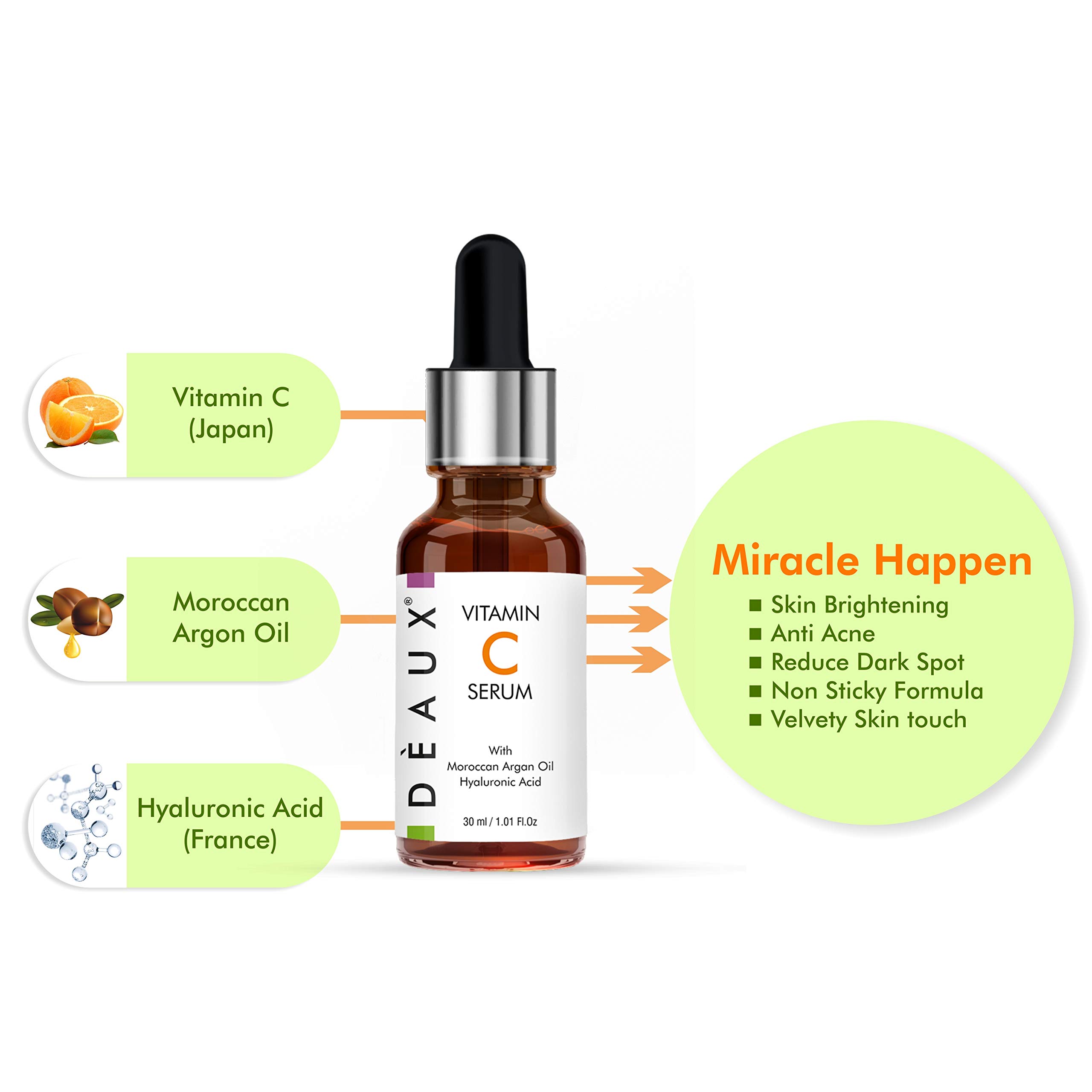 DEAUX Japan Vitamin C Brightening Serum with Moroccan Argan Oil & Hyaluronic Acid - 30ml for Acne, Dark Spots & Hyperpigmentation | Anti-Aging Face Treatment for Glowing Skin | Day & Night Skincare Routine