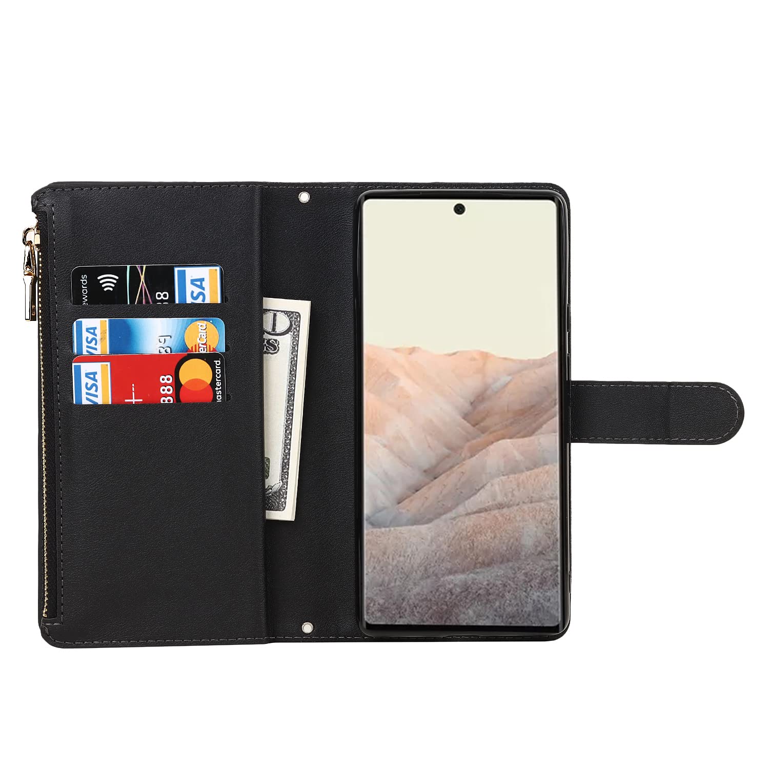 Google Pixel 6 Wallet Phone Case - Leather Flip Cover with 9 Card Slots, Zipper Coin Pocket & Kickstand | Perfect for Work, Travel & Everyday Use (Black)
