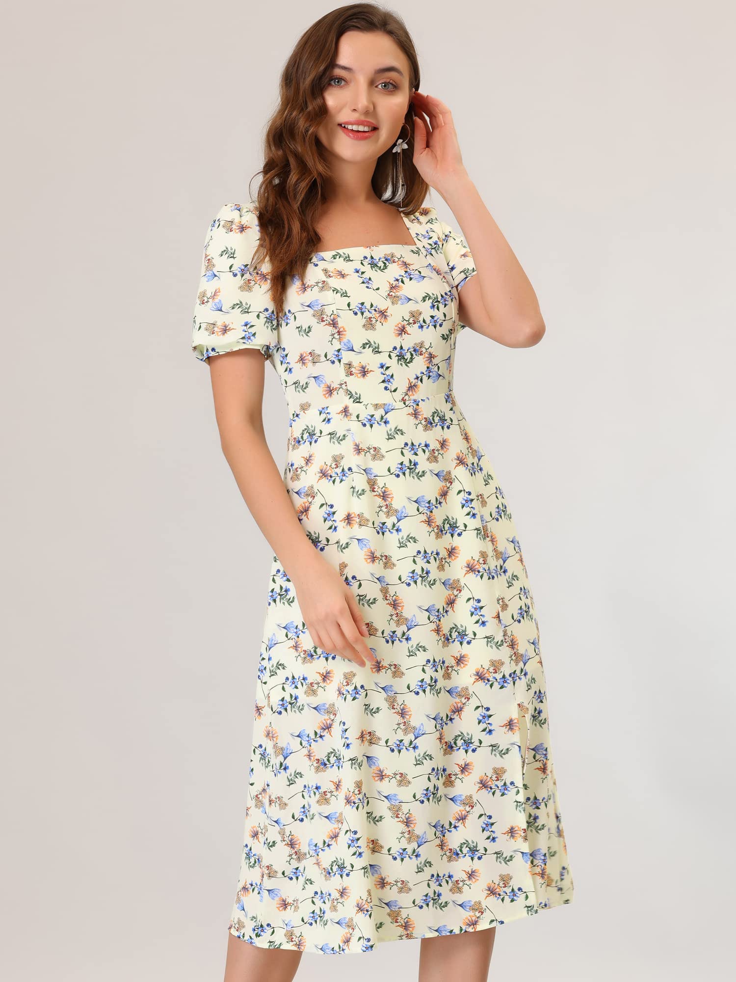 Allegra K Women's Floral Summer Dress - Square Neck, Puff Sleeve, Midi Length with Side Slit | Perfect for Beach Vacations, Garden Parties & Date Nights