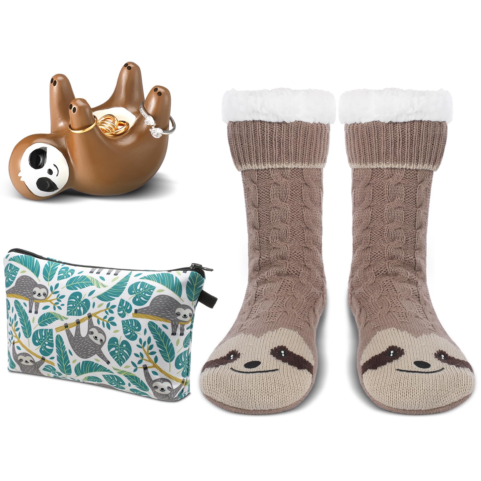 3 Pcs Valentine's Day Sloth Gift Set for Women - Cozy Slippers, Ring Holder & Makeup Bag with Non-Slip Fuzzy Socks | Perfect Birthday Gifts for Mom, Grandma, Teacher & Friends | Ideal for Relaxing at Home, Spa Days & Cozy Nights