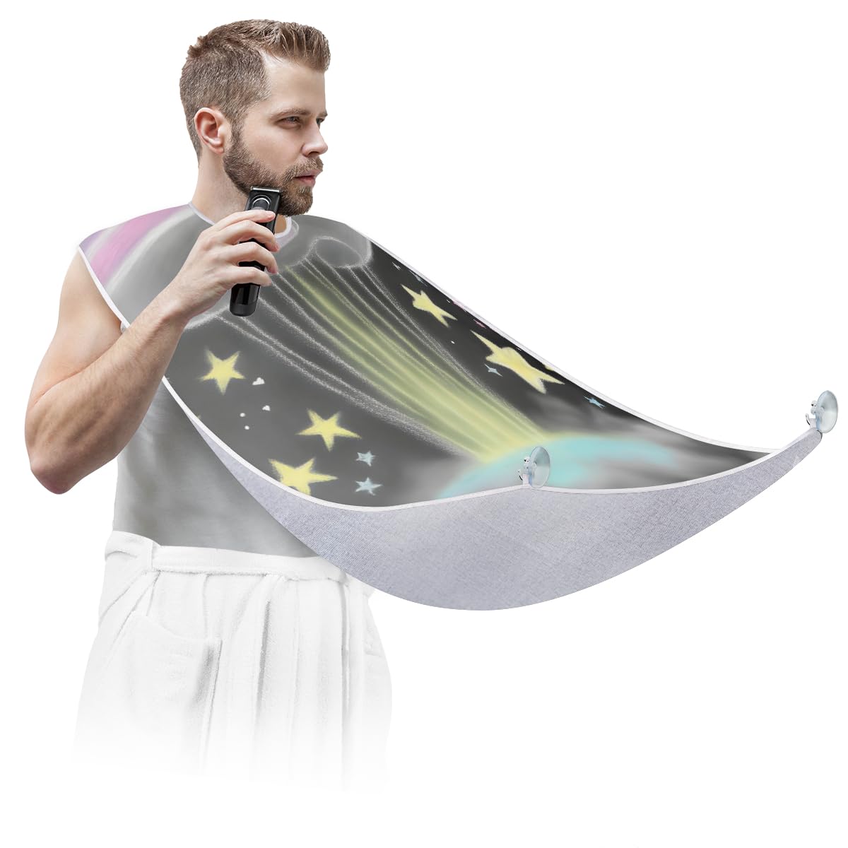 Cartoon Planet Print Beard Shaving Bib for Men - Waterproof Makeup & Hair Dye Apron, Barber Cape for Haircut & Beard Trimming - Sink Hair Catcher & Styling Tool - Perfect for Home Grooming & Salon Use