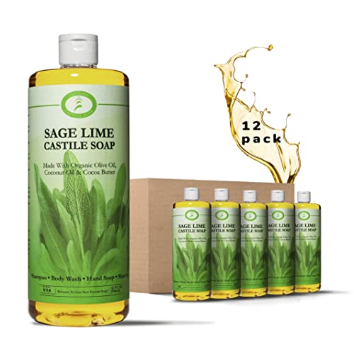 Organic Sage Lime Castile Liquid Soap - Vegan, Skin-Softening Olive Oil Body Wash for Sensitive Skin | Natural Hand Soap & Shower Gel | Refillable 32oz Bulk Pack (12 Bottles) - Perfect for Home, Spa, and Eco-Friendly Gifts