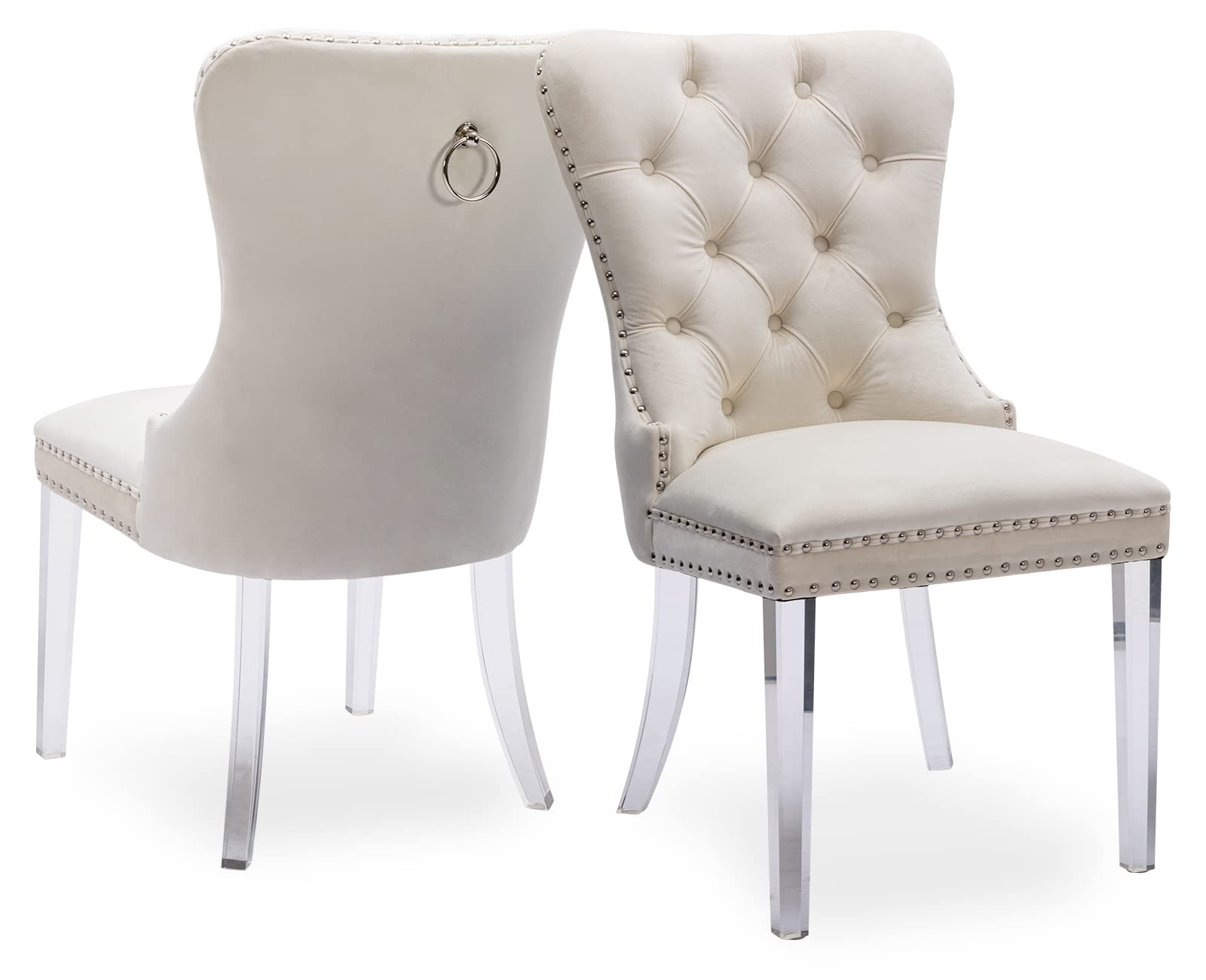 Velvet Upholstered Dining Chairs Set of 2 - Elegant Armless Accent Chairs with Acrylic Ring Pull Legs in Cream | Perfect for Modern Dining Room, Kitchen, and Home Decor