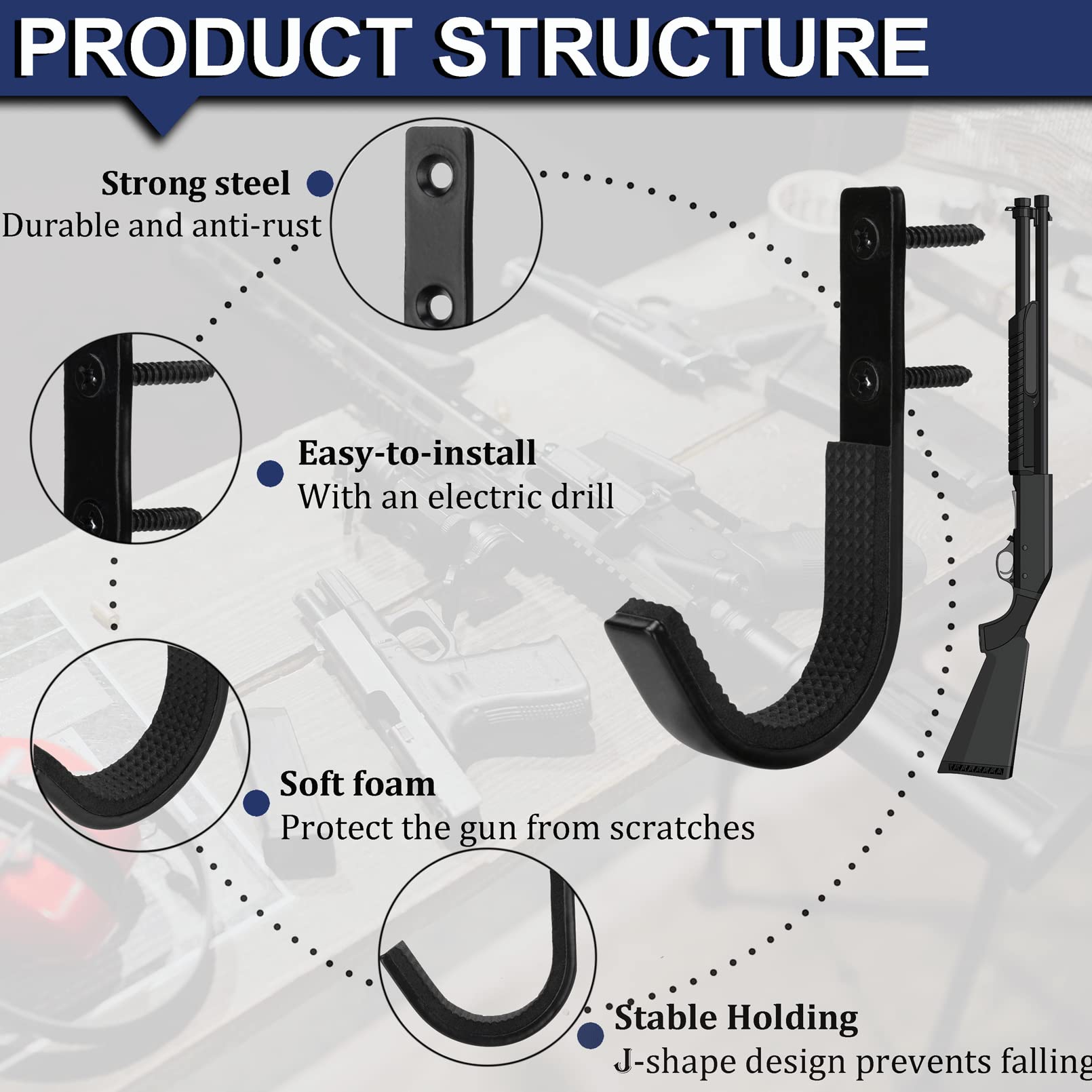 Heavy Duty Metal Gun Rack Wall Mount - Horizontal Rifle & Shotgun Storage Hanger with Bow Holder for Home, Hunting Cabin, Shooting Range - Organize Firearms Safely