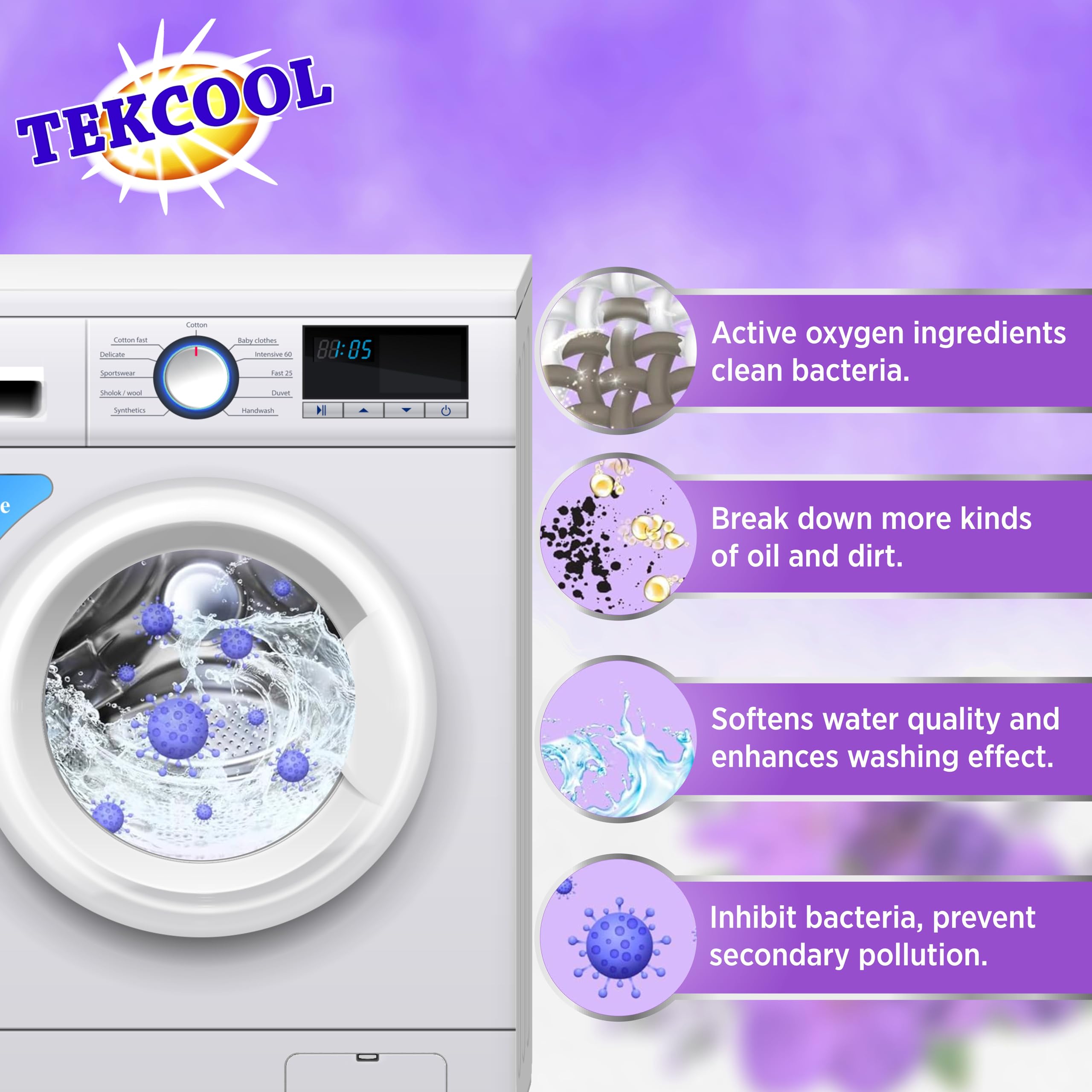 TEKCOOL Washing Machine Cleaner Tablets - 24 Pack Lavi Lavender Scented Descaling Powder for Deep Cleaning Front & Top Load Washers | Removes Odor, Mold & Residue | Ideal for Laundry Day, Home Cleaning & Appliance Maintenance