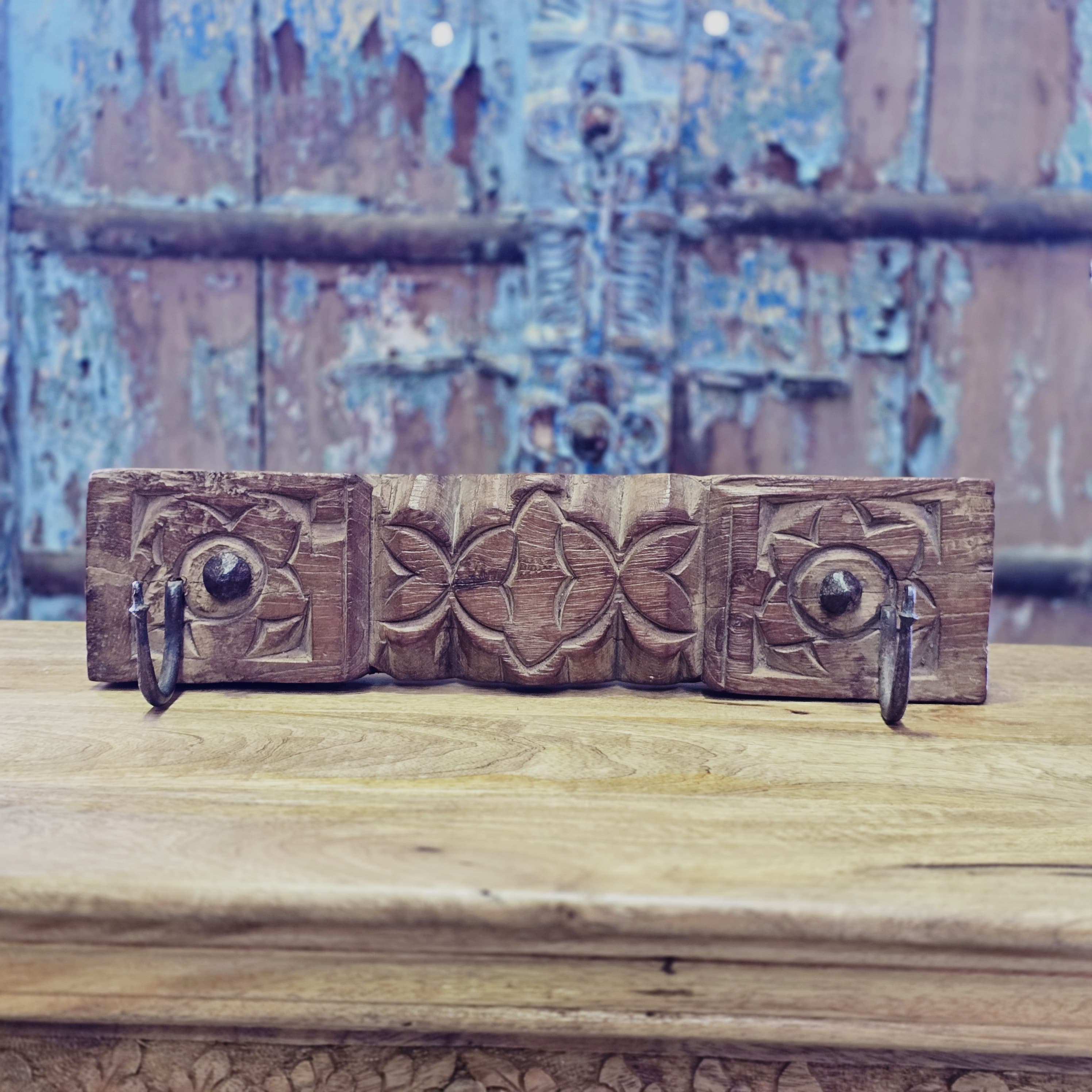 Hand Carved Floral Indian Wooden Coat Rack Wall Hanger with 2 Hooks - 42 Inch Rustic Entryway Organizer for Hats, Coats & Scarves | Perfect for Hallway, Bedroom or Mudroom Decor