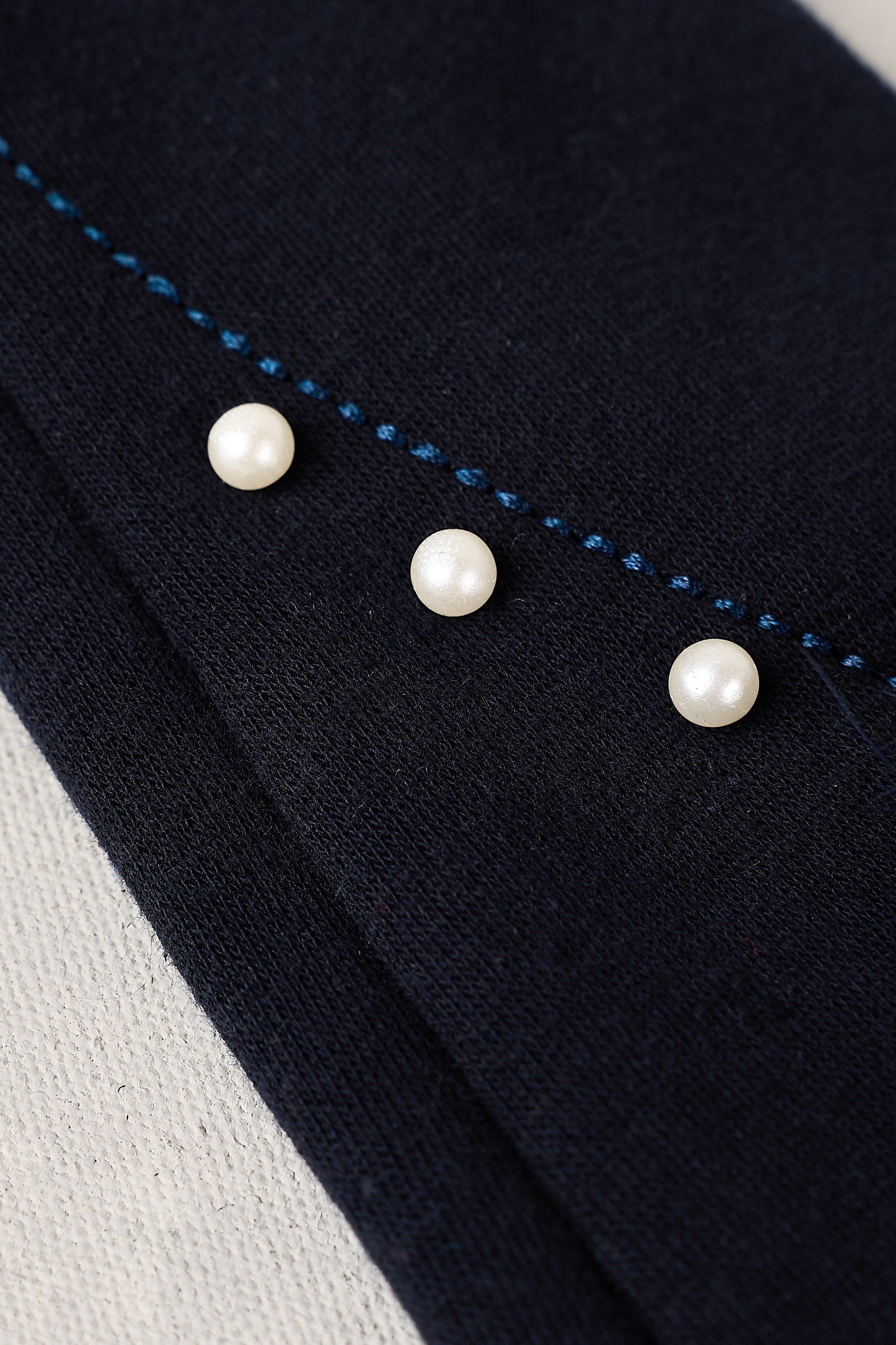 Elegant Navy Pearl Trim Pom Winter Gloves for Women - Soft Warm Knitted Fashion Accessories for Cold Weather, Outdoor Activities, and Holiday Parties