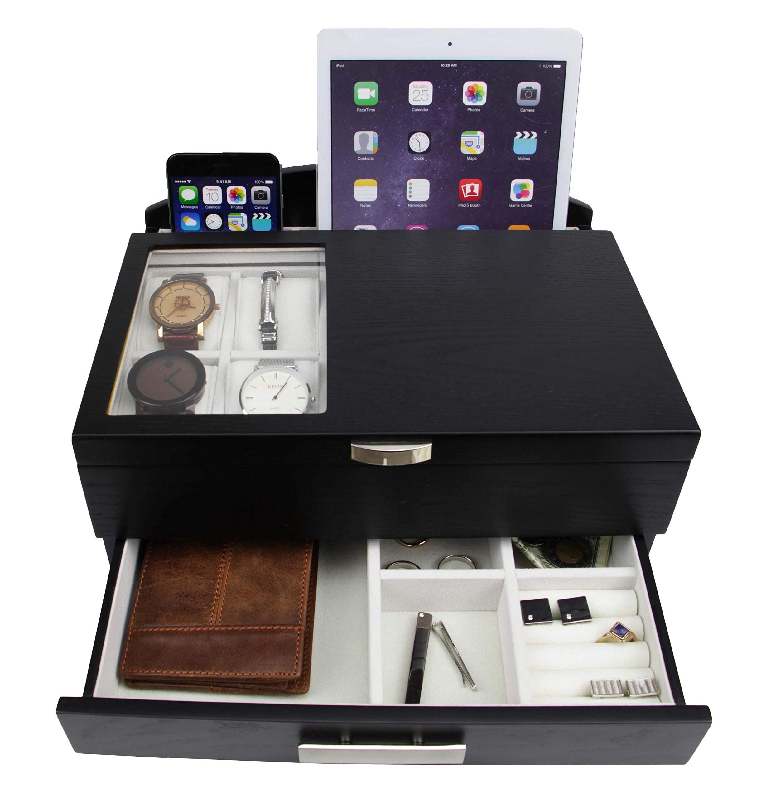 Premium Wooden Valet Storage Box Organizer for Men - Executive Style Jewelry & Watch Organizer with Drawers (Black) - Perfect for Dresser Top, Nightstand, or Closet Organization
