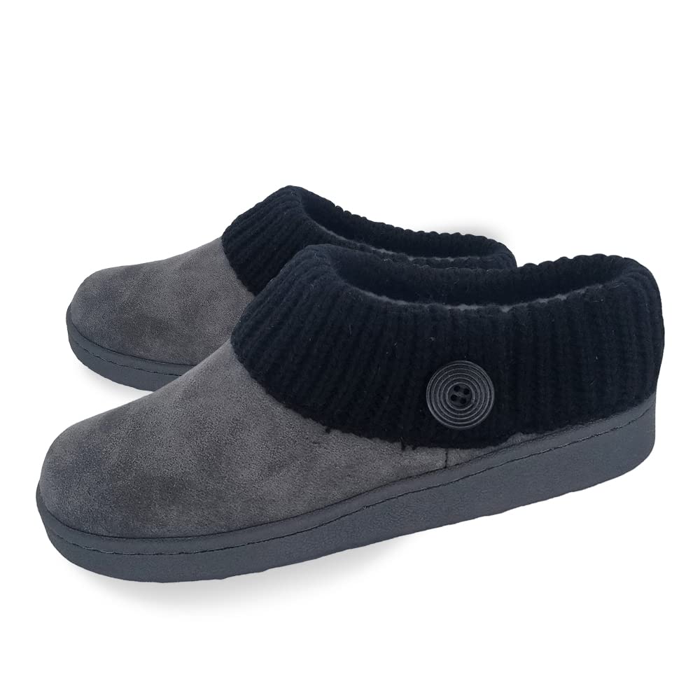 Clarks Women's Suede Leather Comfort Clog Slippers with Knitted Collar & Plush Faux Fur Trim - Indoor Outdoor House Shoes for Women - Grey/Black Size 8M - Perfect for Relaxing at Home, Running Errands & Cozy Winter Wear
