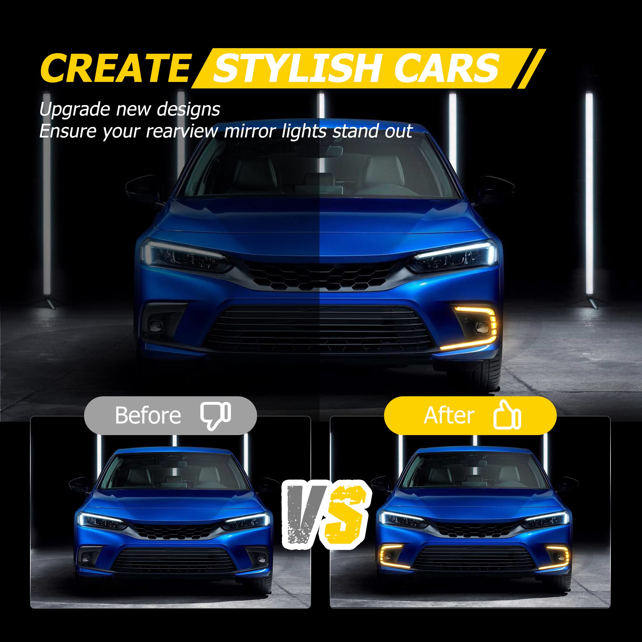 AUXMART LED Daytime Running Lights (DRL) for Honda Civic 2021-2022 - Tri-Color Fog Lights with Turn Signal Function, Bezel & Wiring Harness | Upgrade Your Civic's Style & Safety for Day/Night Driving