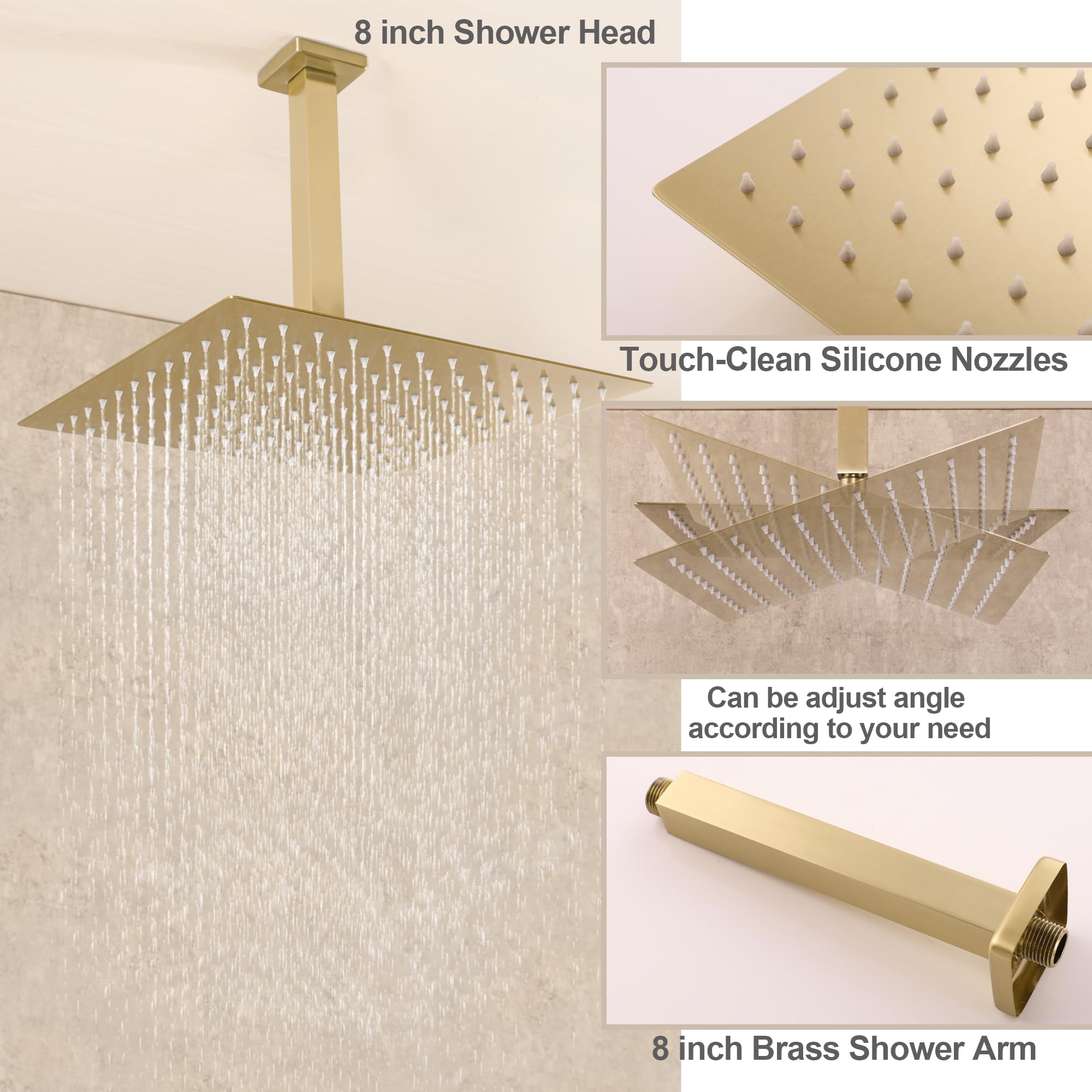 SKOWLL Brushed Gold Shower System - 8 Inch High Pressure Rainfall Shower Head with Brass Handheld Spray, Valve Body & Trim Kit | Luxury Bathroom Upgrade for Spa-Like Experience