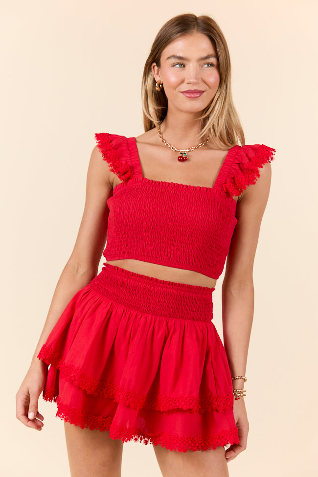 Sweet Talk Red Flutter Shoulder Tank and Skort Set - Women's Summer Outfit for Beach, Vacation & Casual Wear | Trendy Two-Piece Outfit with Ruffled Shoulder Design | Perfect for Date Night, Pool Party & Outdoor Activities