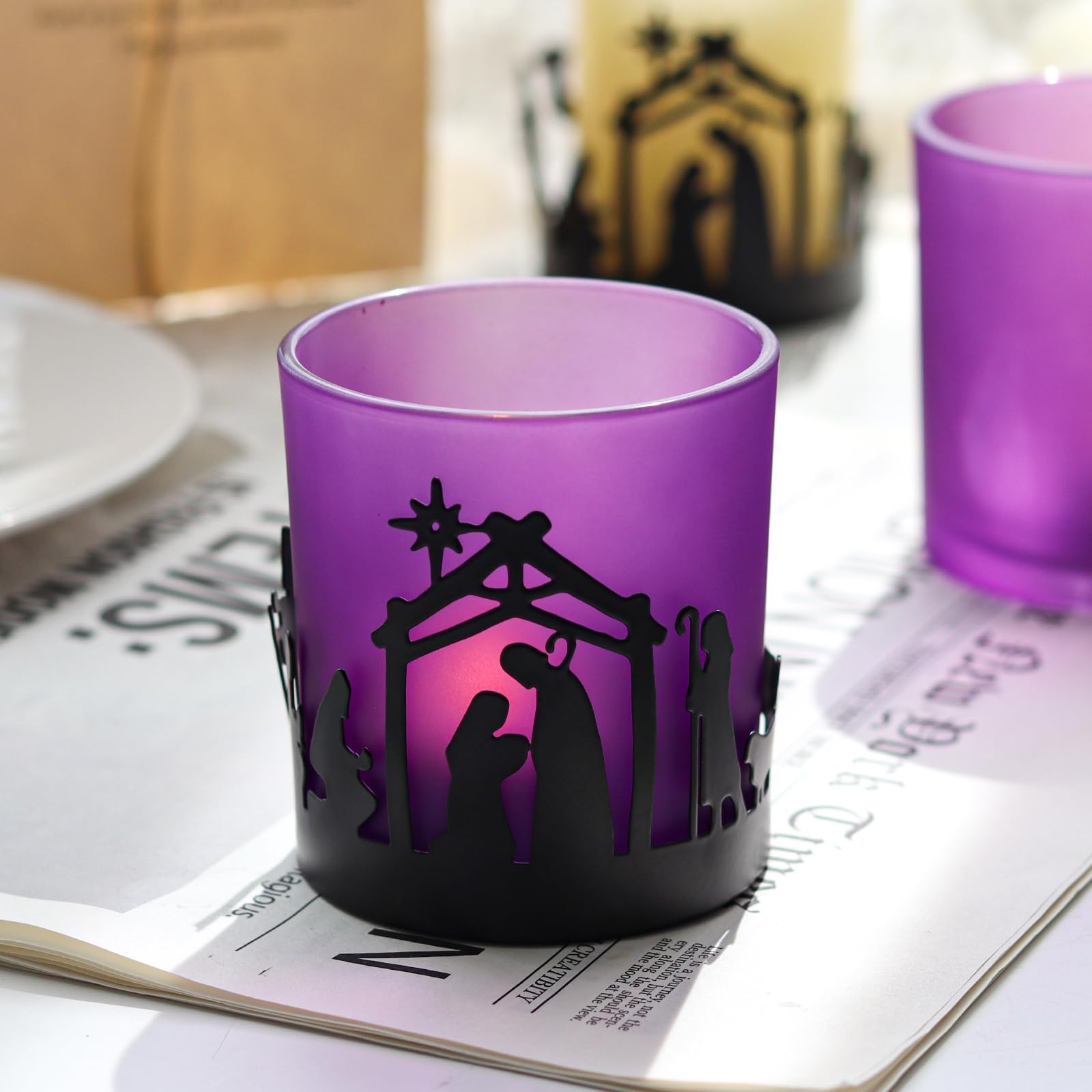 Advent Christmas Candle Holder Set - Glass Votive Tealight Candle Holders for Holiday Decor, Wreath Centerpiece - Perfect for Mantel, Table Decorations & Festive Home Decor (Set of 4)