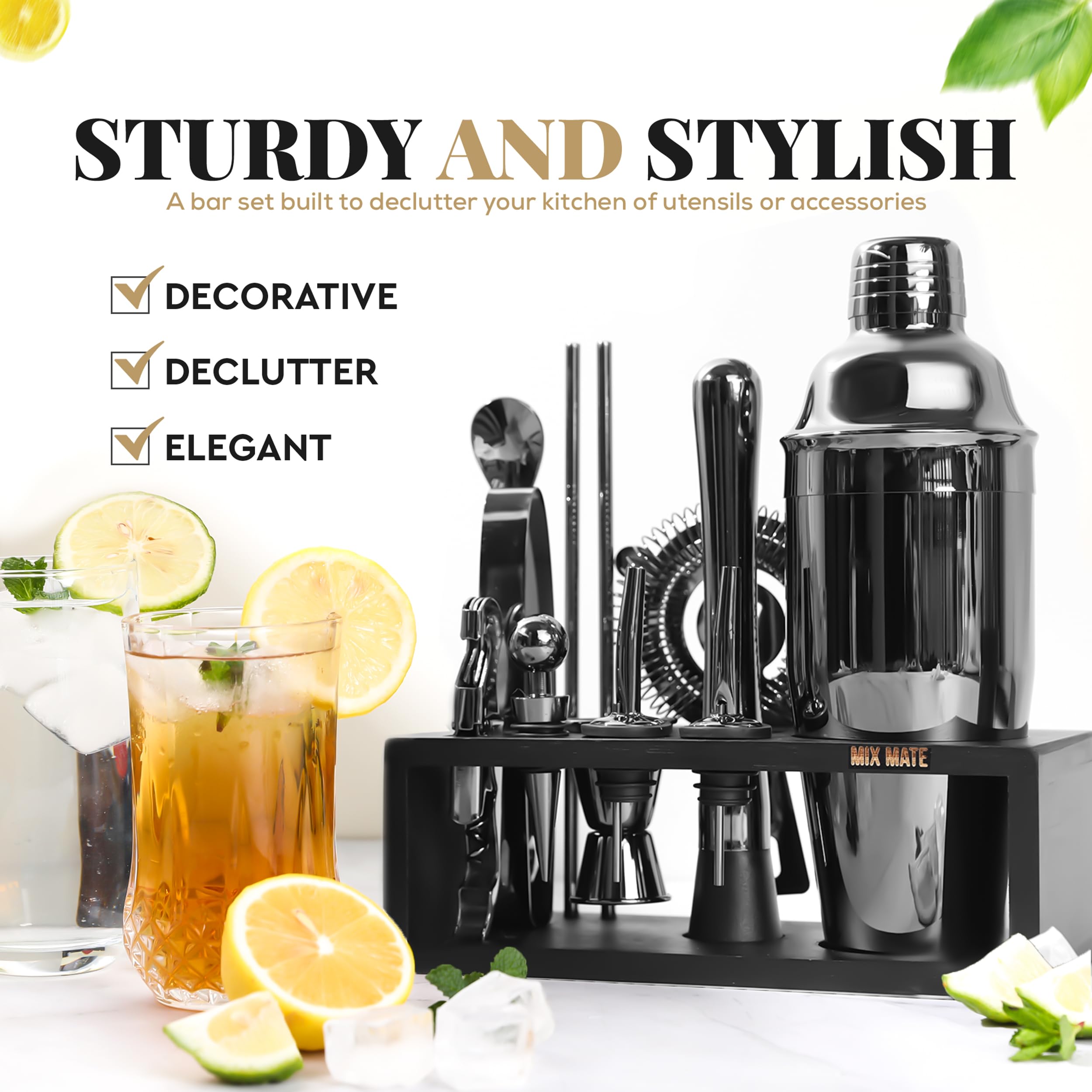 Premium 15-Piece Black Stainless Steel Cocktail Shaker Set with Wood Stand - Professional Bartender Kit Includes Drink Mixer, Bar Spoon, Jigger, Muddler, Strainer, Bottle Opener & More - Perfect for Home Bars, Parties & Mixology Enthusiasts
