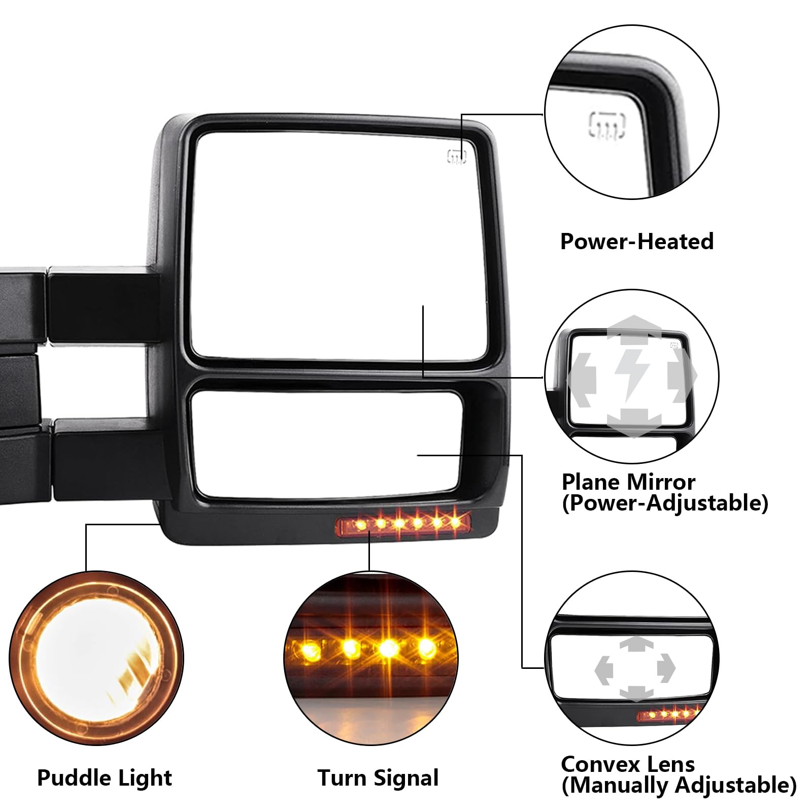 Heated Power Towing Mirrors Pair for 2007-2014 Ford F-150 - Amber Signal, Puddle Light, Convex Lens, Black (Driver & Passenger Side) - Perfect for Towing Trailers, Boats & Heavy Loads