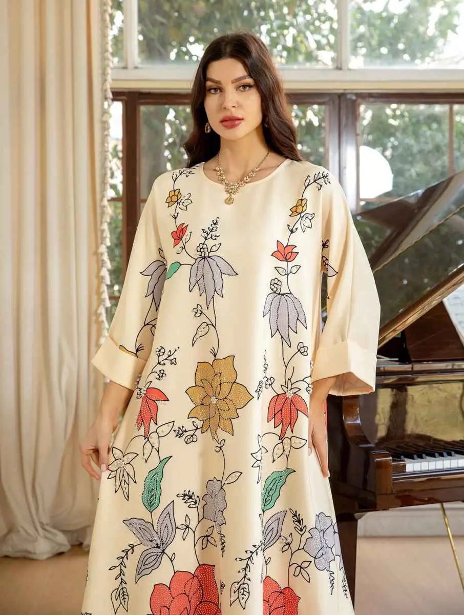 Elegant Hotfix Rhinestone Beaded Caftan Dress for Women - Perfect for Eid Celebrations, Weddings & Special Occasions