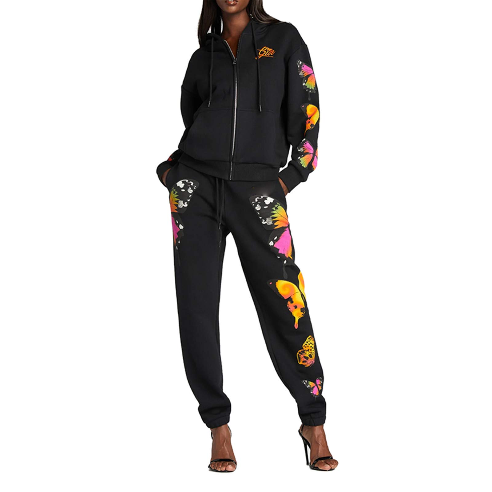 Women's 2-Piece Butterfly Print Streetwear Sweatsuit Set - Zipper Hoodie & Jogger Pants (White/Black) | Casual Outfit for Gym, Running, Travel & Everyday Wear