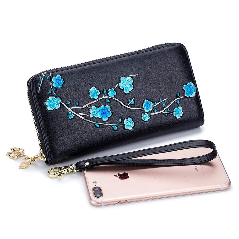 Genuine Leather Wrist Wallet for Women - Blue Embossed Purse with RFID Protection | Perfect for Travel, Shopping & Everyday Use