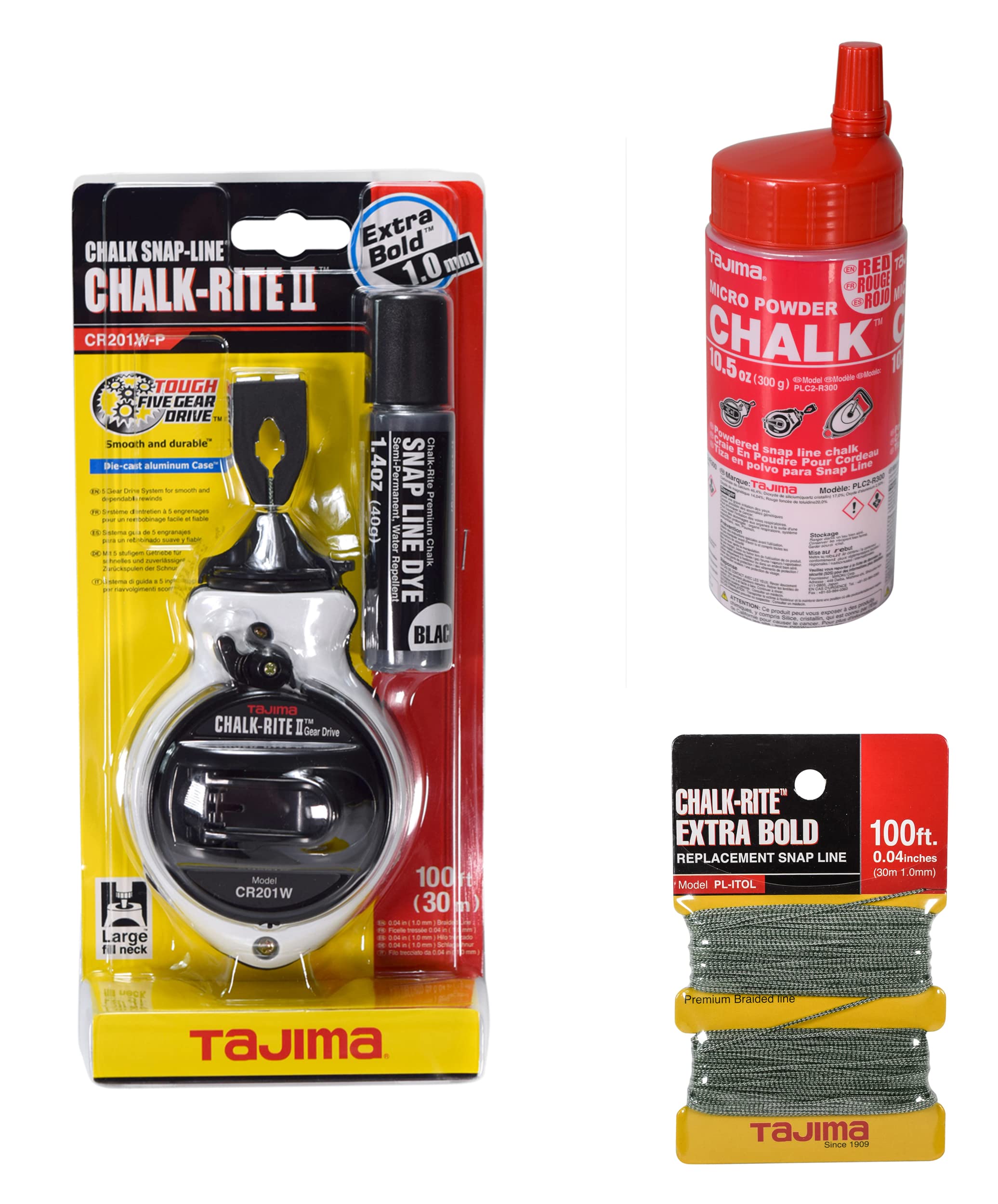 Tajima Chalk-Rite II Extra Bold 1mm Snap Line with Braided Replacement String & 10.5oz Ultra-Fine Red Chalk Powder - Professional Construction Marking Tool for Concrete, Masonry & Floor Layout