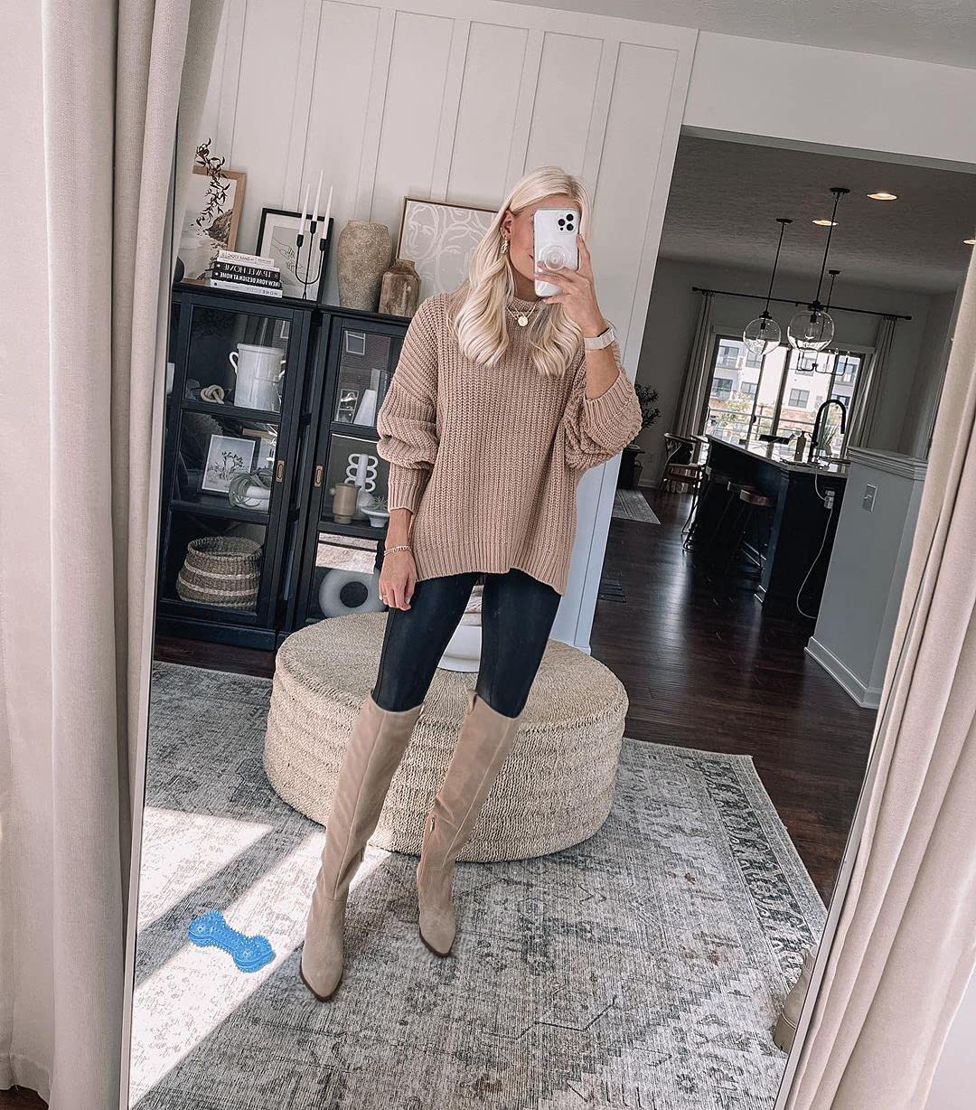Ermonn Women's Faux Suede Knee High Boots with Side Zipper & Chunky Heel - Stretchable Winter Boots for Cold Weather, Snow & Outdoor Activities