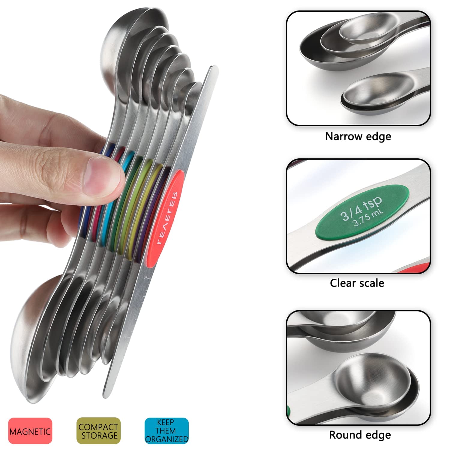 9-Piece Magnetic Measuring Spoons Set - Dual-Sided Stainless Steel Kitchen Measuring Spoons with Leveler | Stackable Teaspoon & Tablespoon Set for Baking, Cooking & Spice Storage | Perfect for Measuring Dry & Liquid Ingredients in Jars, Canisters & Spice Containers