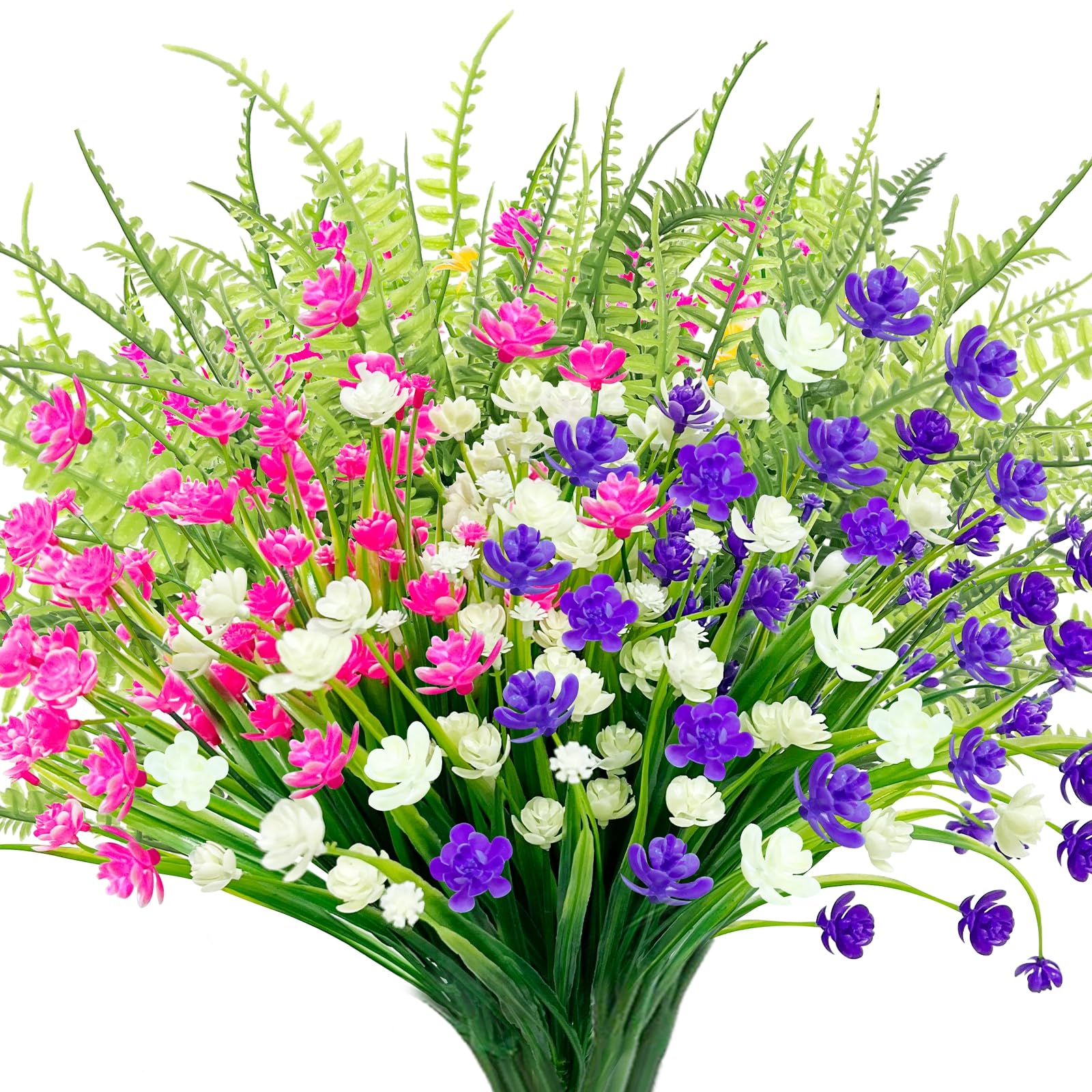 12 Bundles UV Resistant Artificial Flowers for Outdoor Decoration - Fake Fern Plants Shrubs for Spring Summer Porch, Garden, Planter, Yard & Cemetery Decor - No Fade Plastic Greenery for Home & Outdoor Use