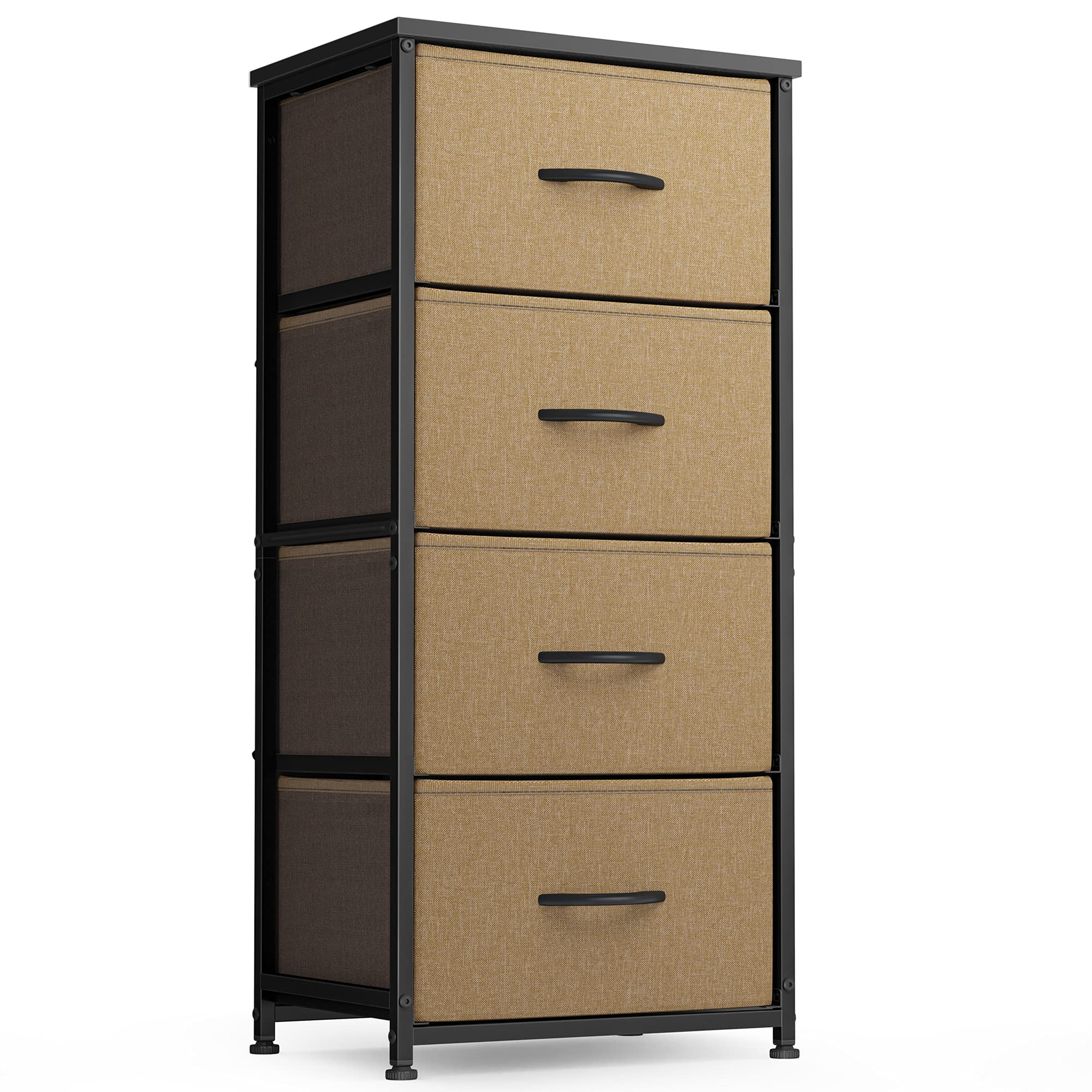 FEZIBO 4-Drawer Fabric Dresser Storage Tower with Steel Frame & Wood Top - Bedroom, Closet, Entryway Organizer with Easy Pull Handles in Coffee & Brown | Perfect for Small Space Organization & Home Decor