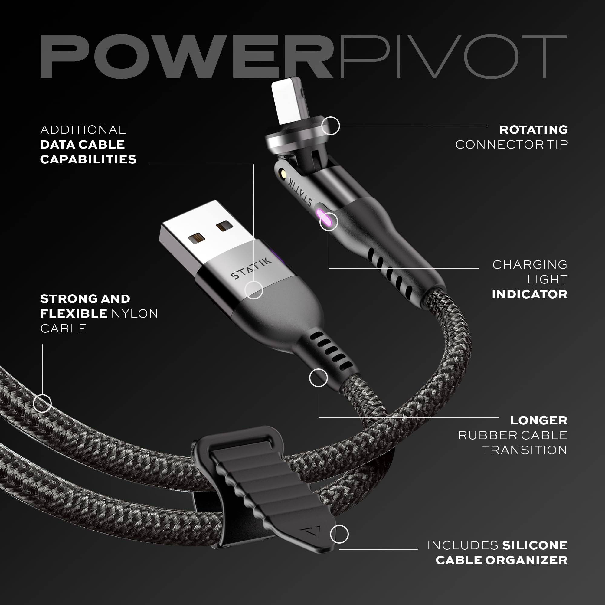 Statik PowerPivot USB to Lightning Cable 10W Fast Charger & Data Sync for iPhone iPad - 360° Rotating Head, 6FT/2M 3-Pack - Perfect for Home, Office & Travel Charging Needs