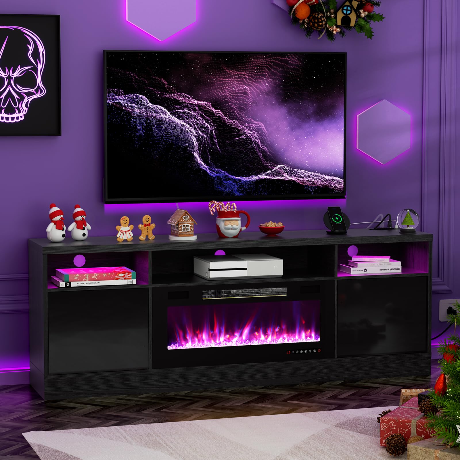 BREEZEHEAT 70 Inch TV Stand with Electric Fireplace - LED Entertainment Center for 80 Inch TVs - Modern TV Console with Storage Cabinets & Power Outlets - Black - Perfect for Living Room Home Theater Setup
