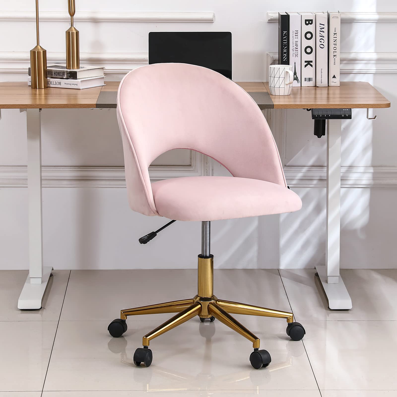 Furnimart Velvet Home Office Chair - Adjustable Height Swivel Vanity Chair with Wheels & Metal Base, Comfortable Accent Chair for Living Room, Bedroom, Study (Salmon Pink) - Perfect for Work, Gaming & Relaxation