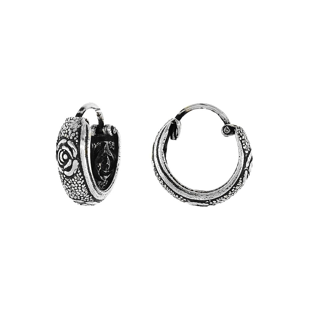 Sterling Silver Tiny 1/2 Inch Rose Hoop Earrings for Women & Teens - Half Round Hinged Oxidized Finish Dainty Jewelry - Perfect for Everyday Wear, Date Night & Gifts
