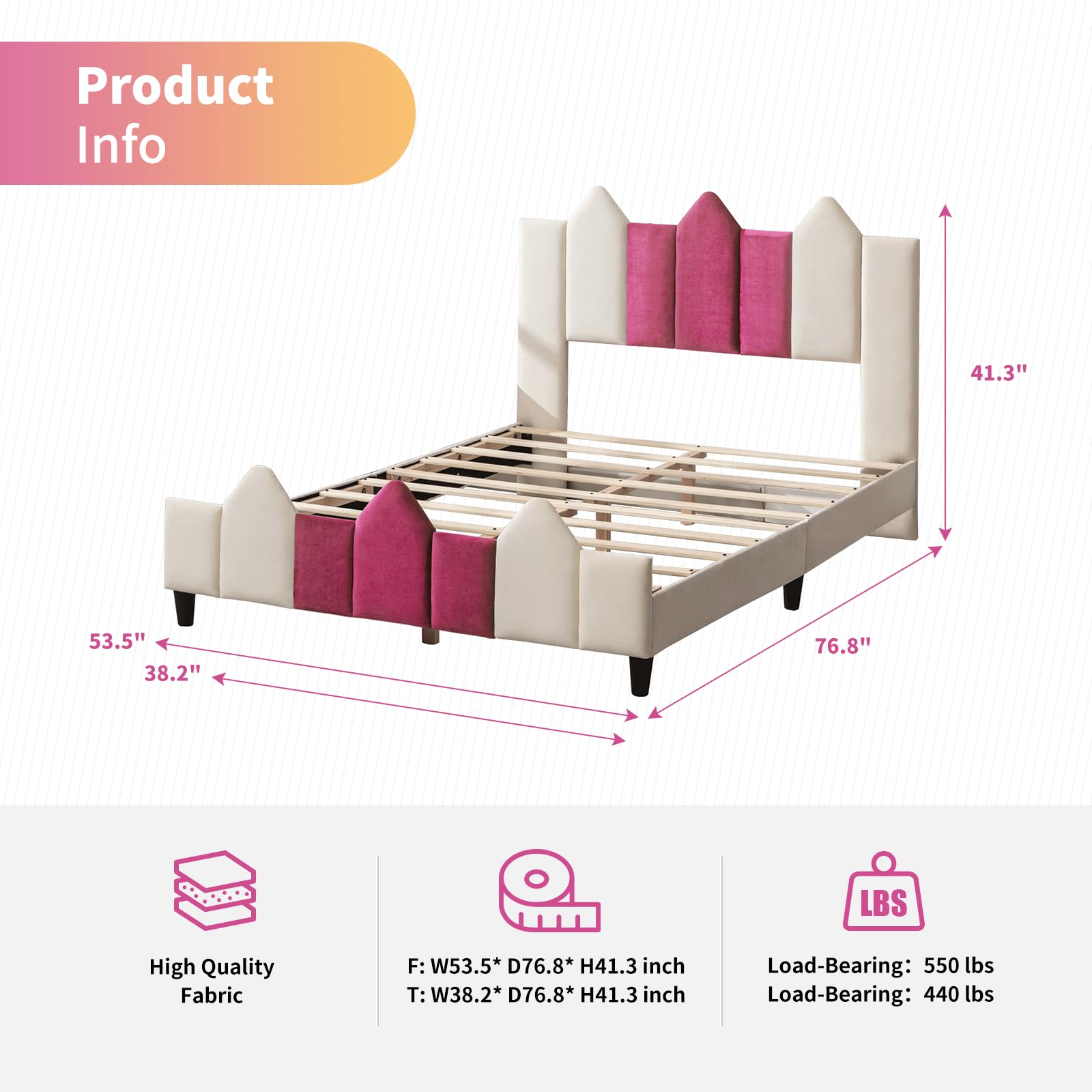 **Full Size Kids Bed Frame with Headboard - Upholstered Platform Bed for Girls & Teens, No Box Spring Needed, Easy Assembly (Pink/White) - Perfect for Bedrooms, Dorms & Playrooms**