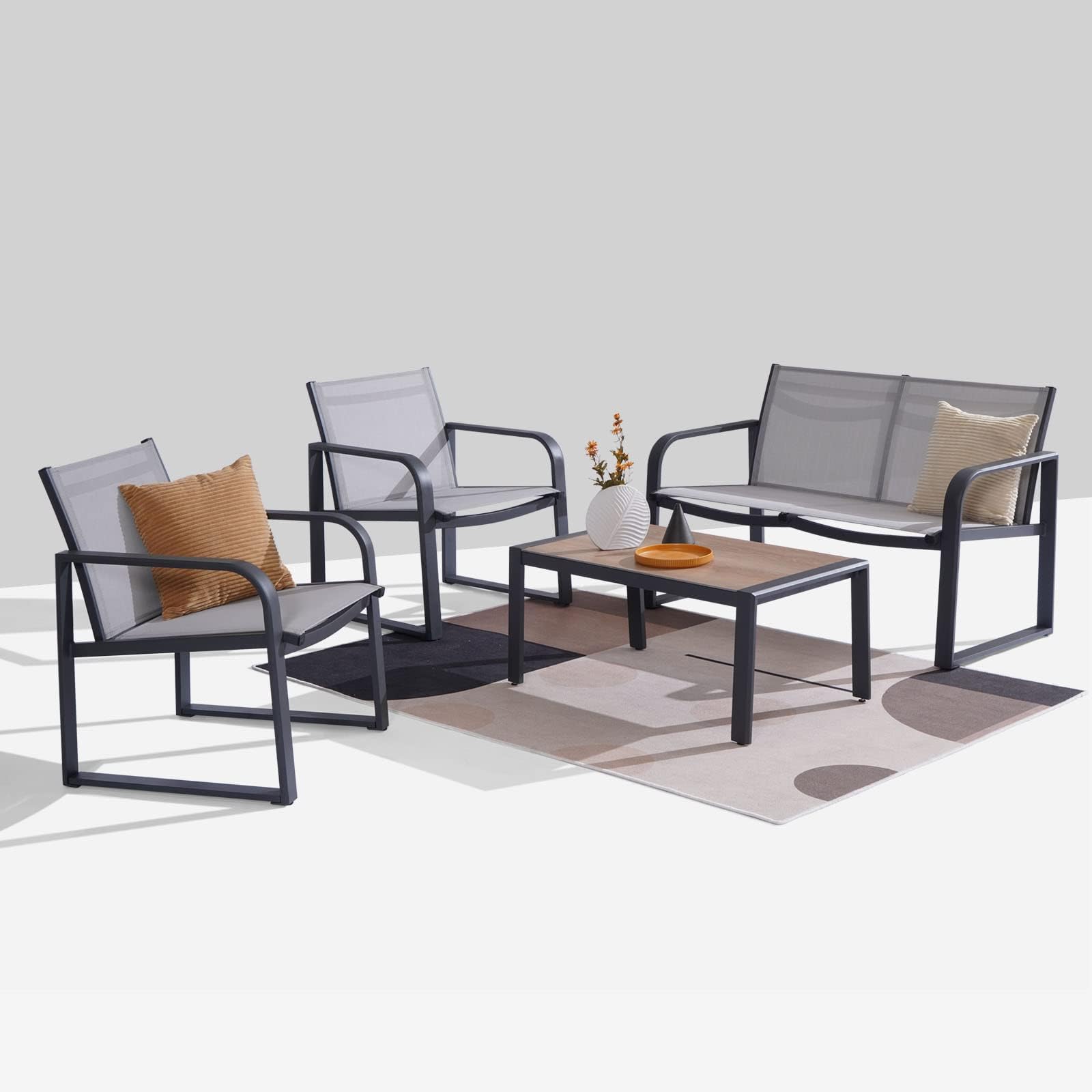 4-Piece Aluminum Outdoor Patio Conversation Set with Breathable Textilene - Loveseat, Table & Chairs for Yard, Balcony, Garden (Grey) - Perfect for Backyard Relaxation & Outdoor Entertaining