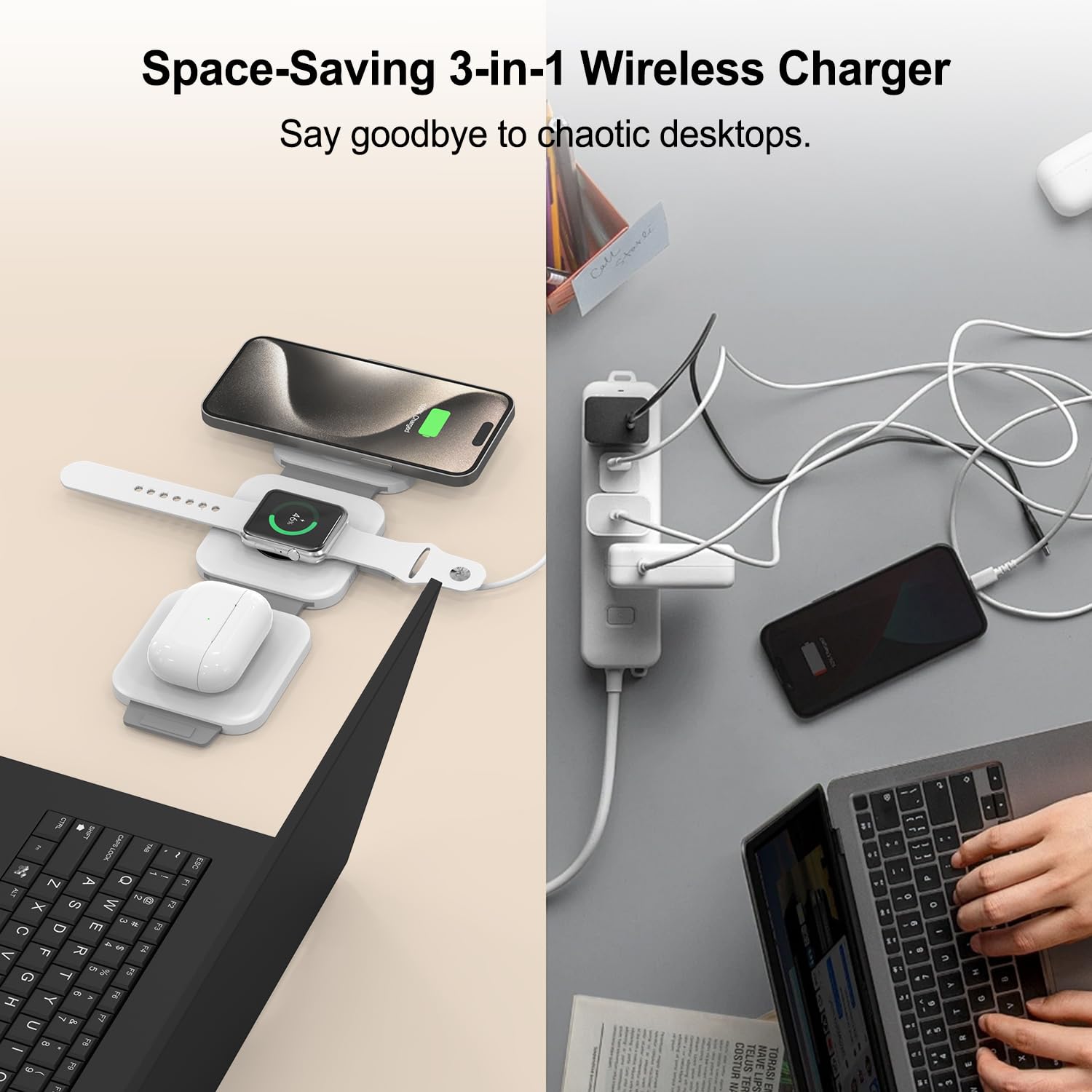 3-in-1 Magnetic Wireless Charger for iPhone 16/15/14, Apple Watch & AirPods - Portable Travel Charging Station (White)