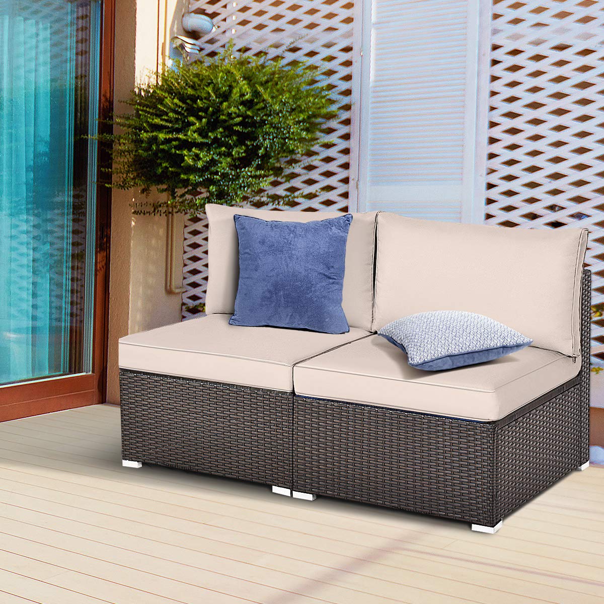 2-Piece Patio Armless Sofa Set - Outdoor Rattan Wicker Sectional Sofa Chairs with Cushions - Perfect for Garden, Balcony, Patio & Poolside Relaxation