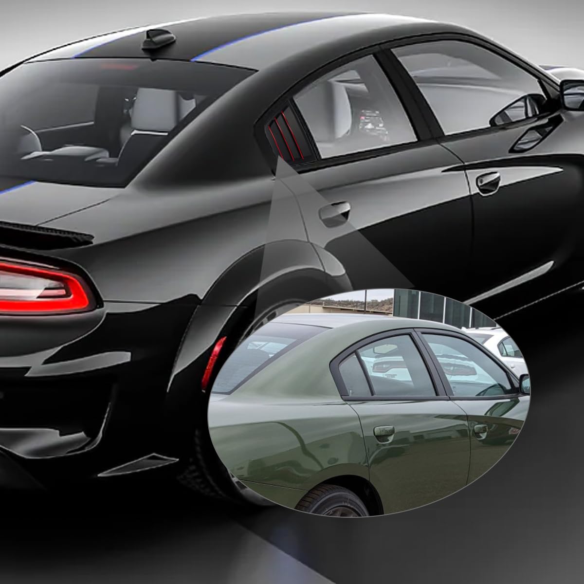 Dodge Charger 2011-2023 Rear Side Window Louvers - Sporty Air Vent Scoop Shades Cover Trim Blinds (2PCS, Black with Red) | Exterior Accessories for Enhanced Style & Sun Protection | Perfect for Car Shows & Daily Driving
