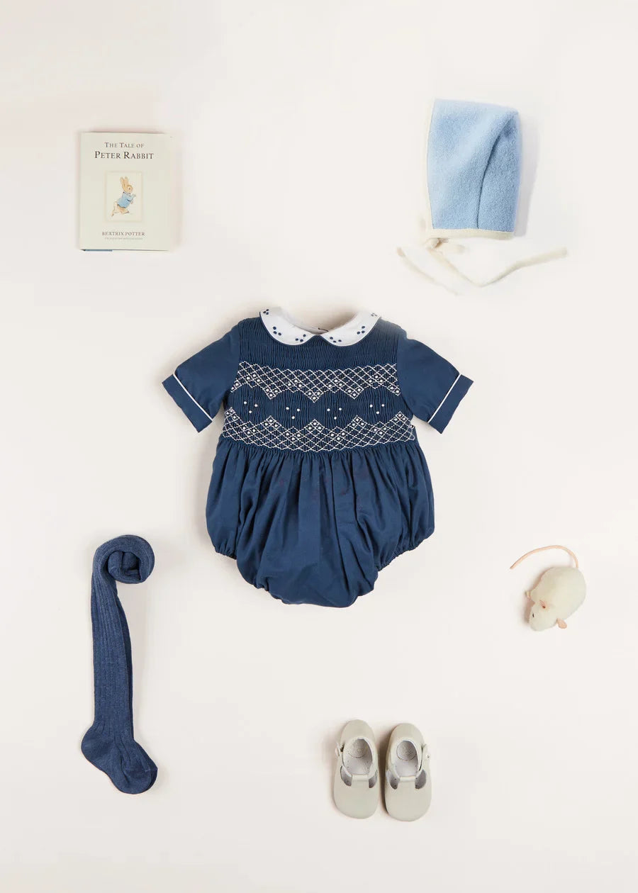 French Blue Hand-Smocked Romper for Baby Boys - Soft Cotton Outfit for Newborns, Baptism, Photo Shoots & Special Occasions