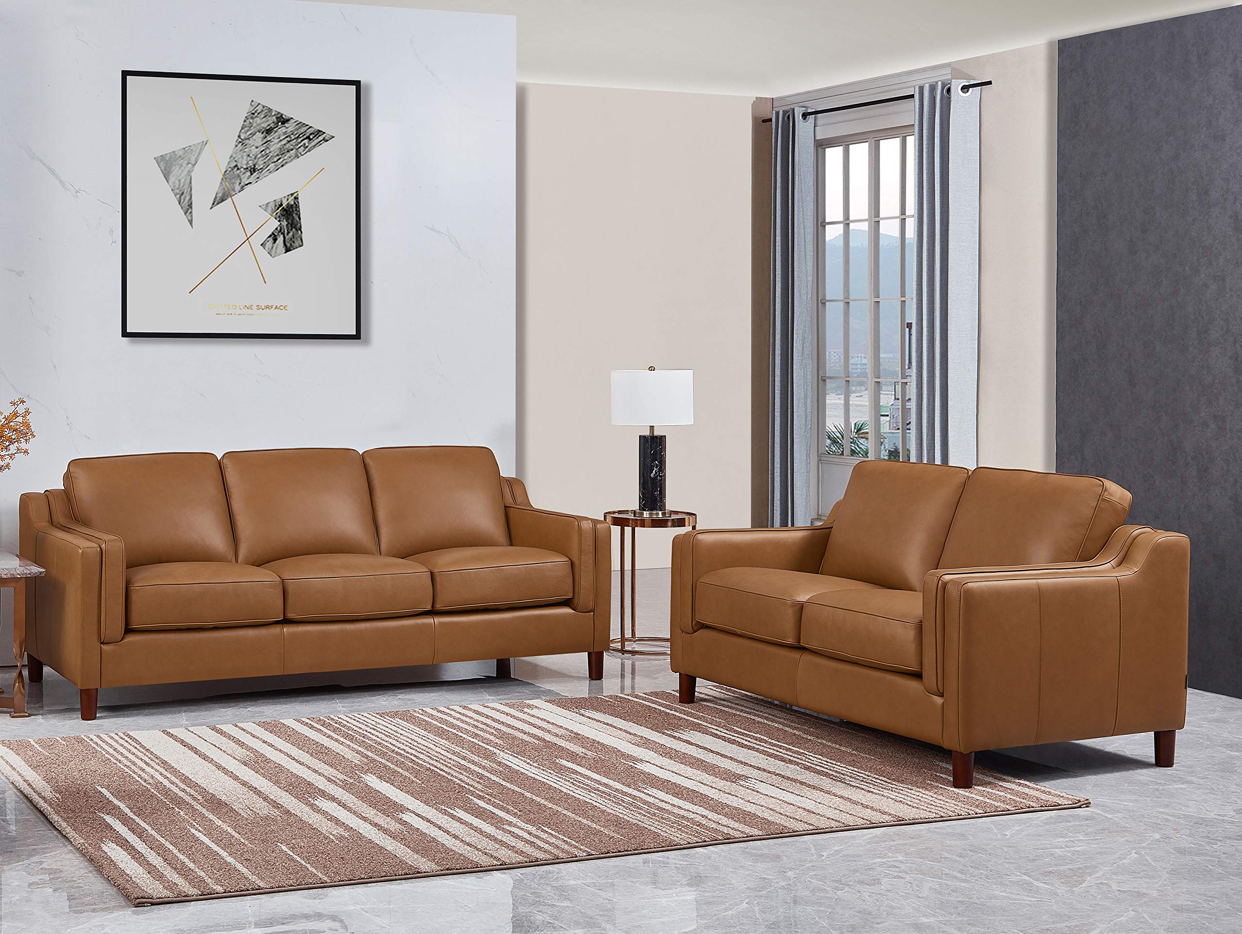 Hydeline Bella 100% Genuine Leather Sofa and Loveseat Set in Rich Cognac Brown - Luxurious Living Room Furniture for Modern Homes & Apartments