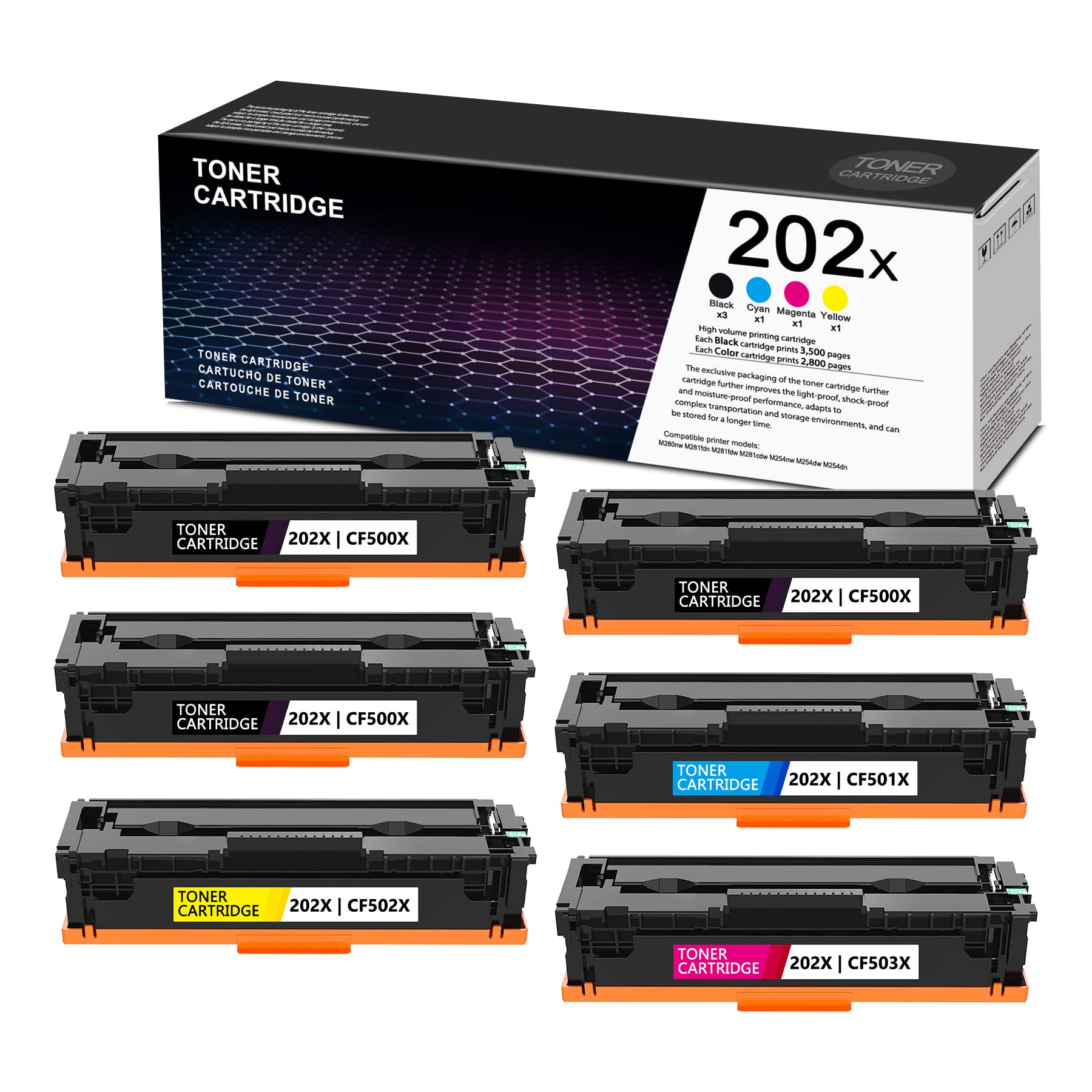 6 Pack HP Pro MFP M281fdw M281cdw M254nw M254dw M254dn M280nw M281fdn Compatible Ink Cartridges (3 Black, 1 Cyan, 1 Magenta, 1 Yellow) - High Yield Replacement for CF500X CF501X CF502X CF503X - Perfect for Home Office Printing & Business Documents